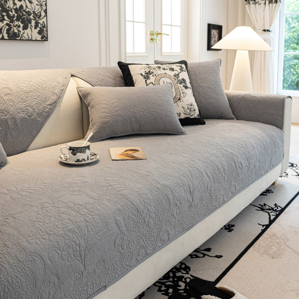 Baroque Floral Quilted Cotton Sofa Cover, Non-Slip Washable Couch Protector