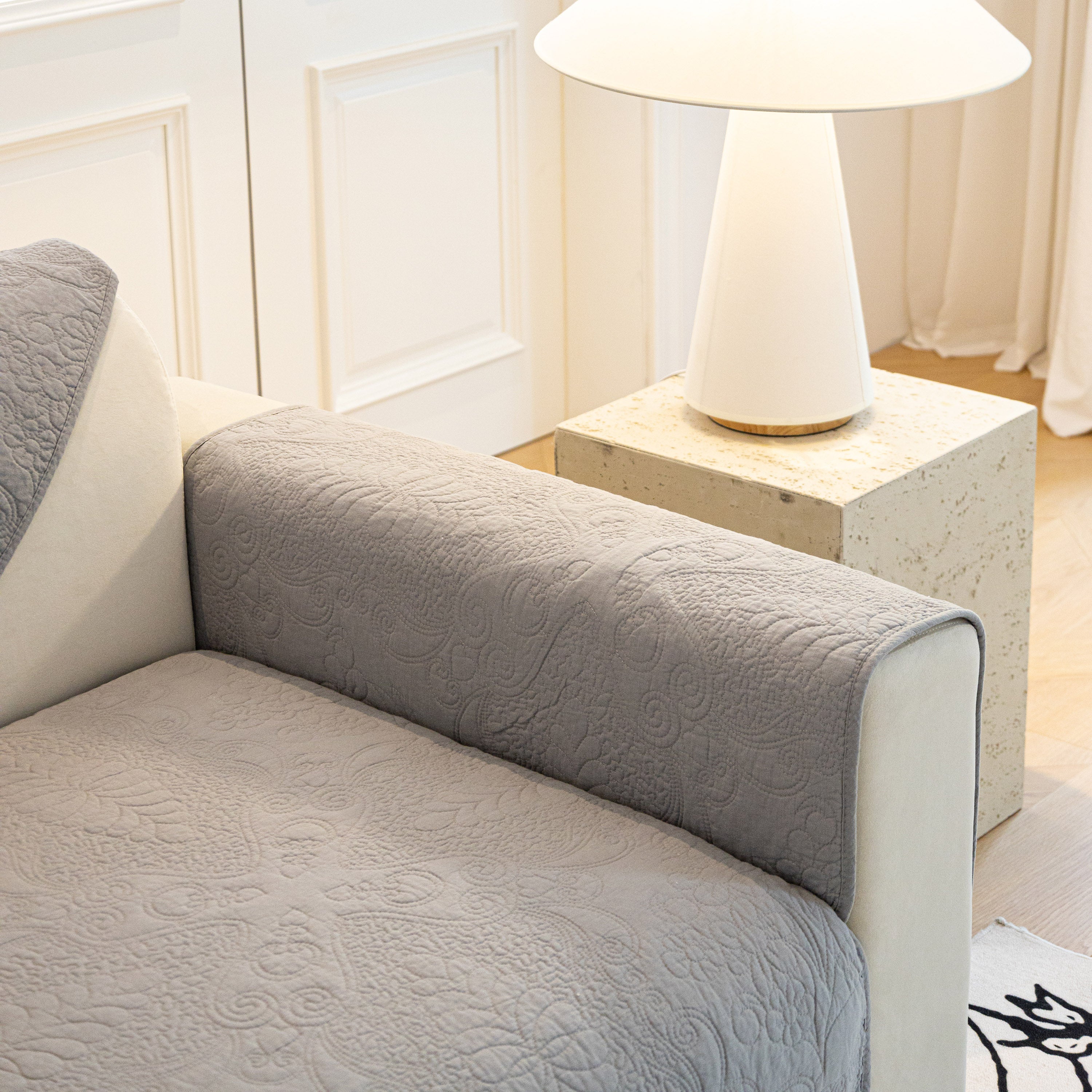 Baroque Floral Quilted Cotton Sofa Cover, Non-Slip Washable Couch Protector