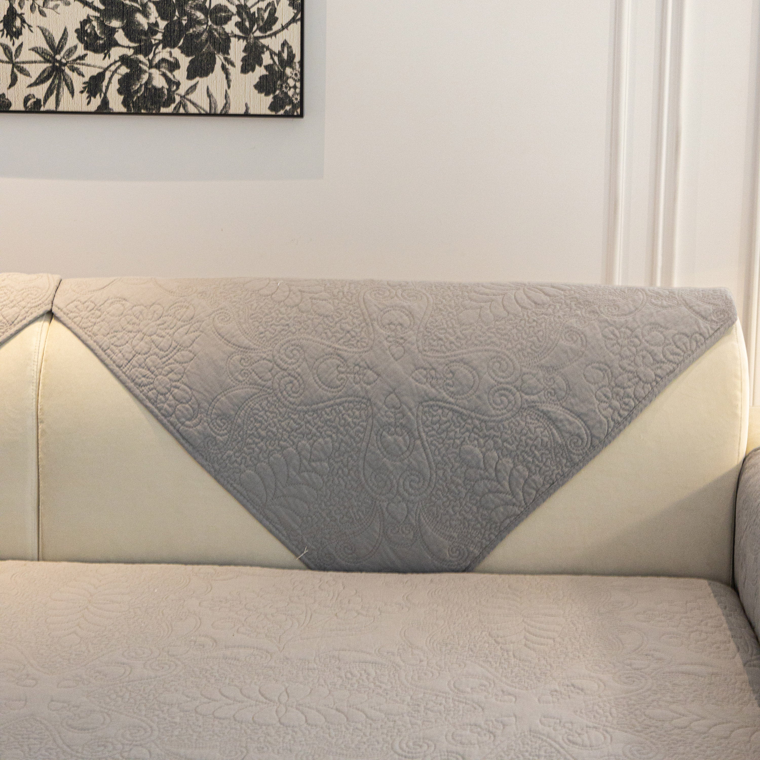 Baroque Floral Quilted Cotton Sofa Cover, Non-Slip Washable Couch Protector