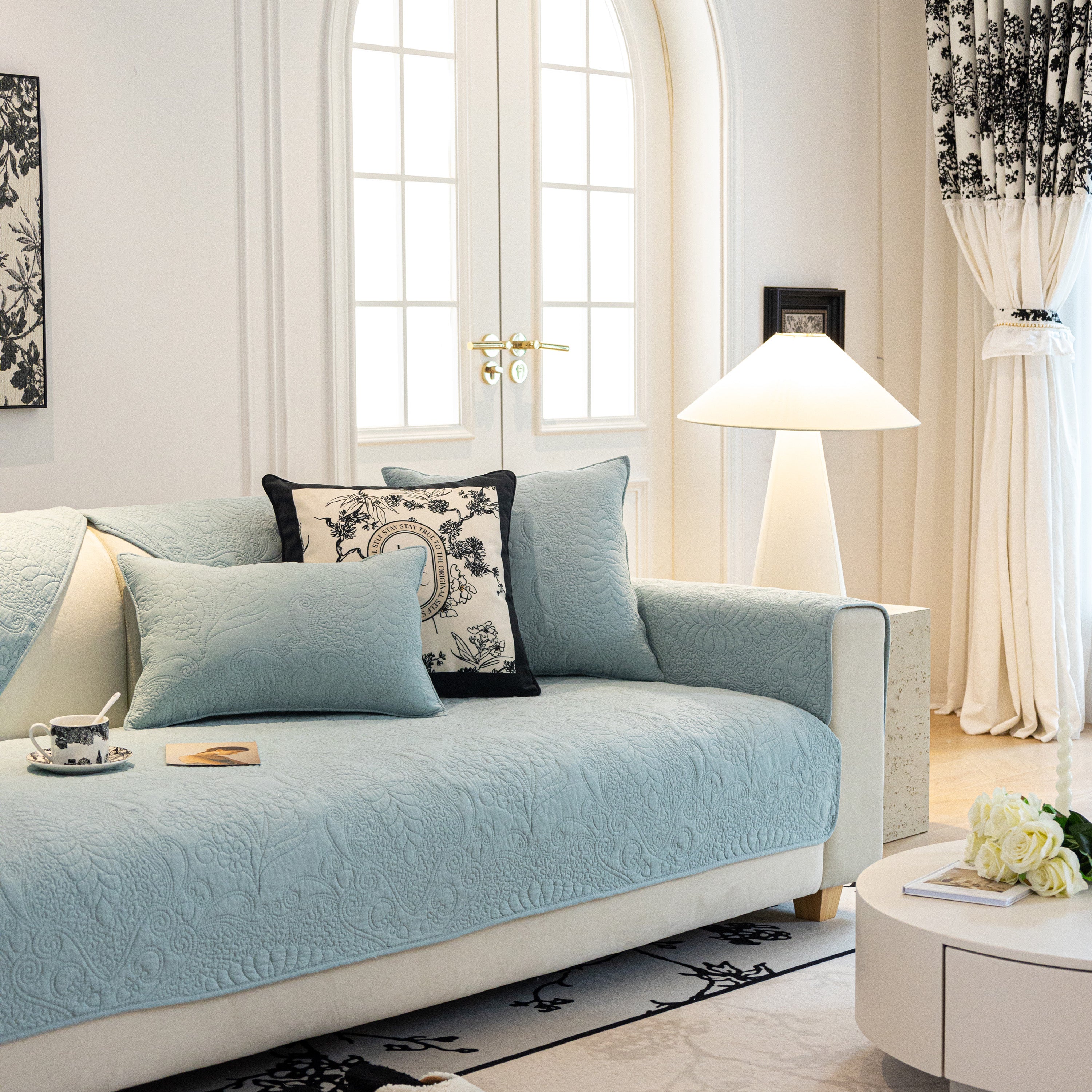 Baroque Floral Quilted Cotton Sofa Cover, Non-Slip Washable Couch Protector