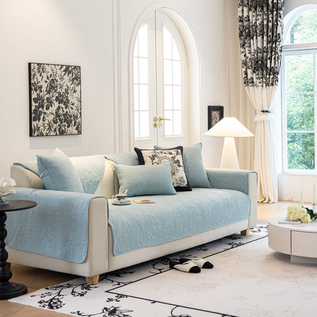 Baroque Floral Quilted Cotton Sofa Cover, Non-Slip Washable Couch Protector