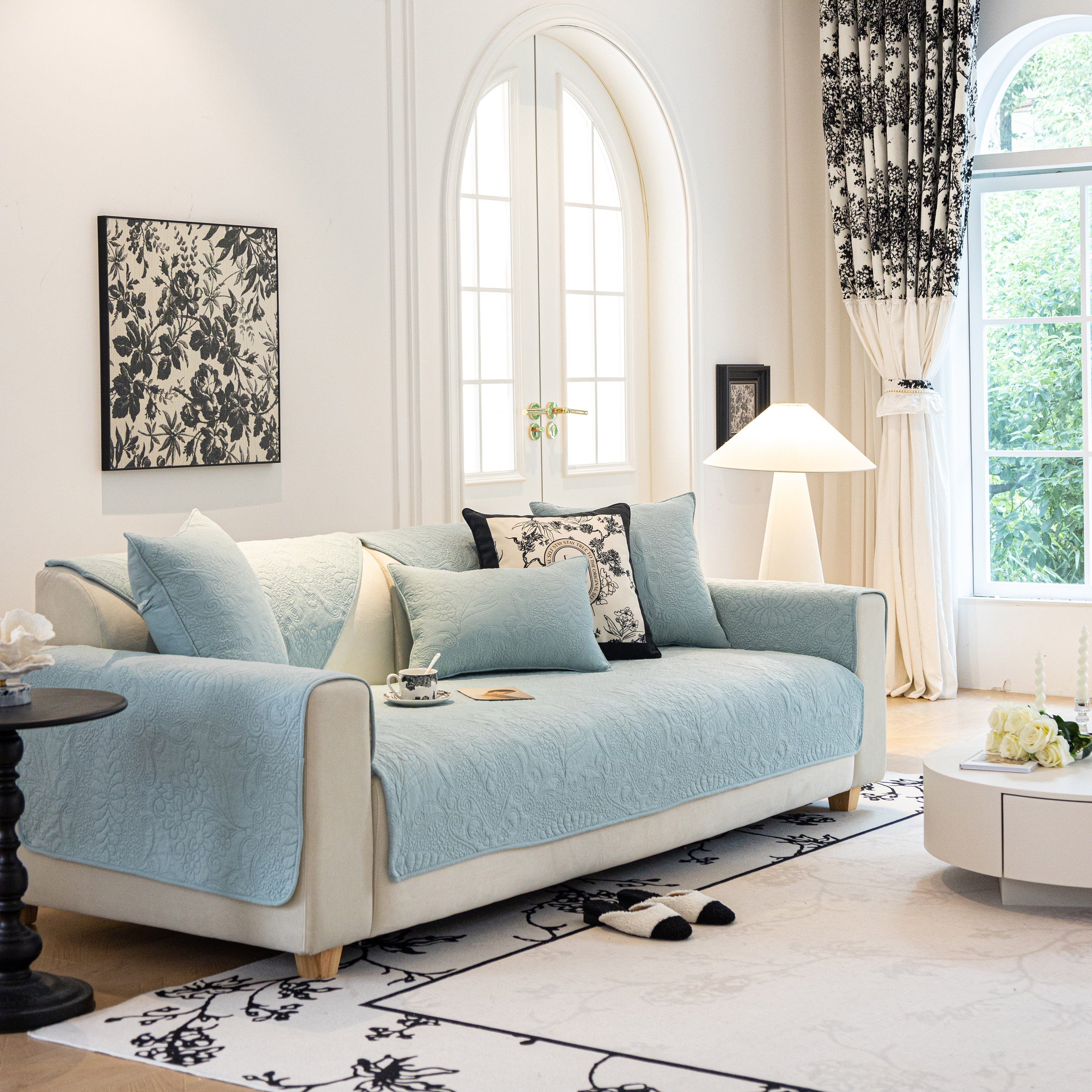 Baroque Floral Quilted Cotton Sofa Cover, Non-Slip Washable Couch Protector