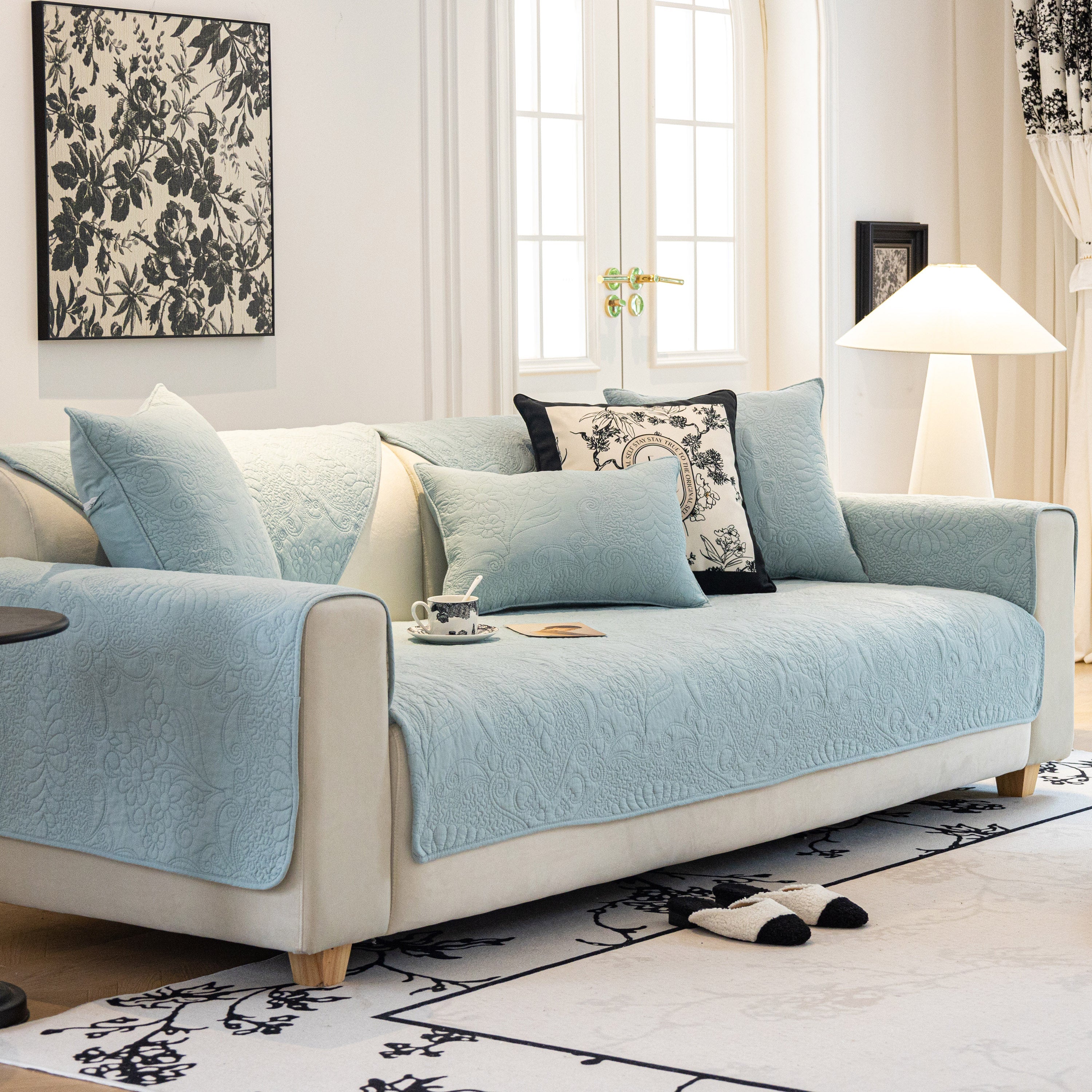 Baroque Floral Quilted Cotton Sofa Cover, Non-Slip Washable Couch Protector