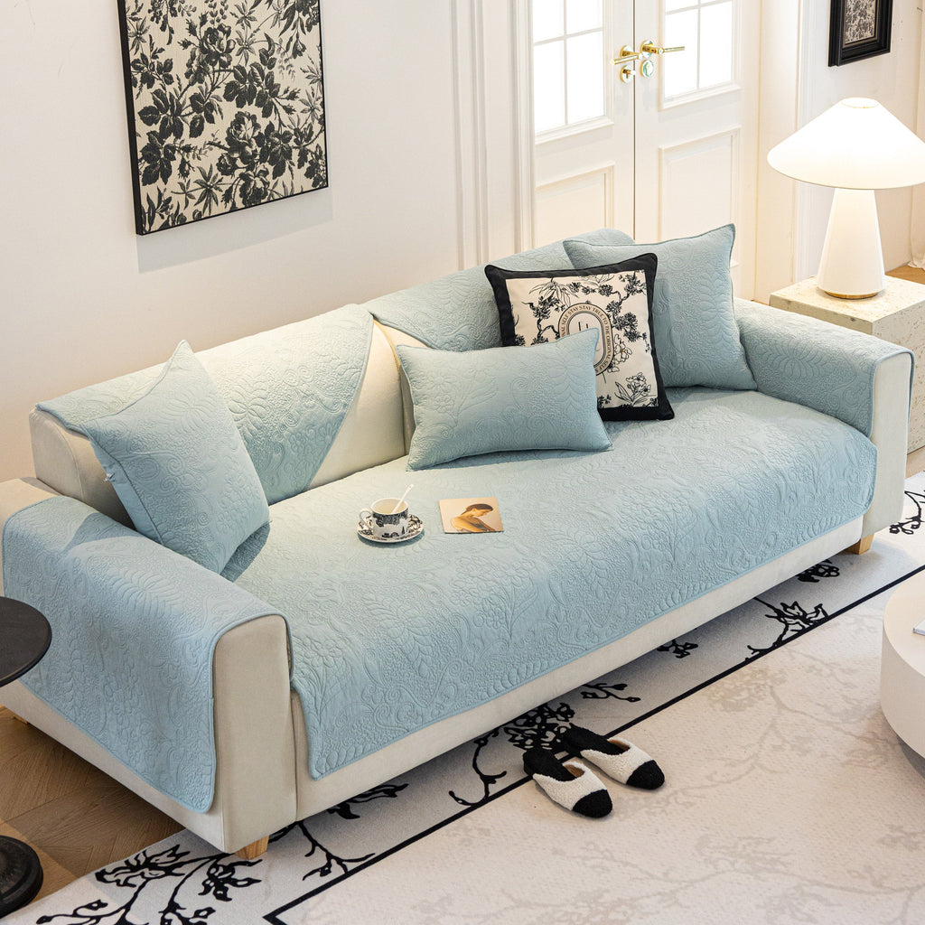 Baroque Floral Quilted Cotton Sofa Cover, Non-Slip Washable Couch Protector