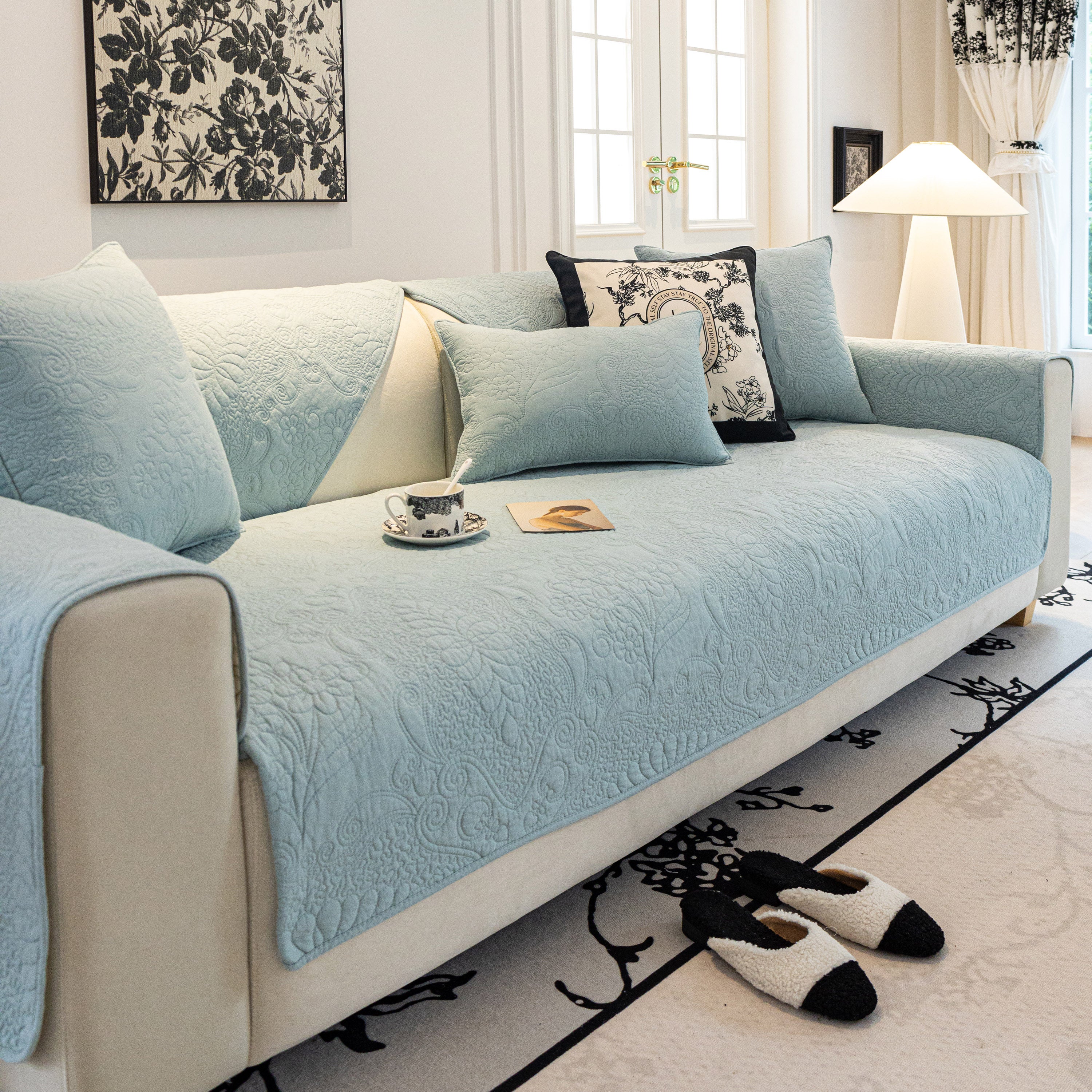 Baroque Floral Quilted Cotton Sofa Cover, Non-Slip Washable Couch Protector