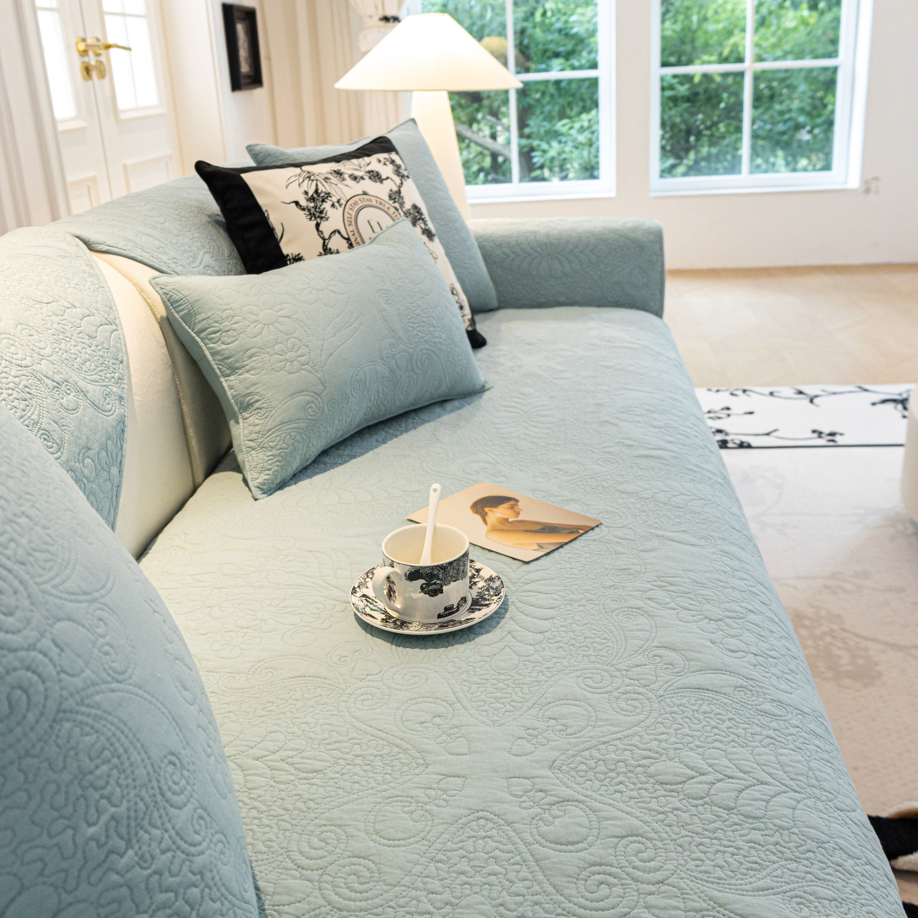 Baroque Floral Quilted Cotton Sofa Cover, Non-Slip Washable Couch Protector