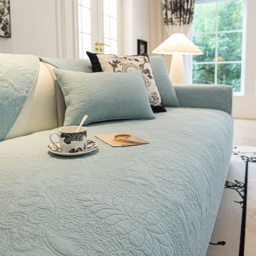 Baroque Floral Quilted Cotton Sofa Cover, Non-Slip Washable Couch Protector