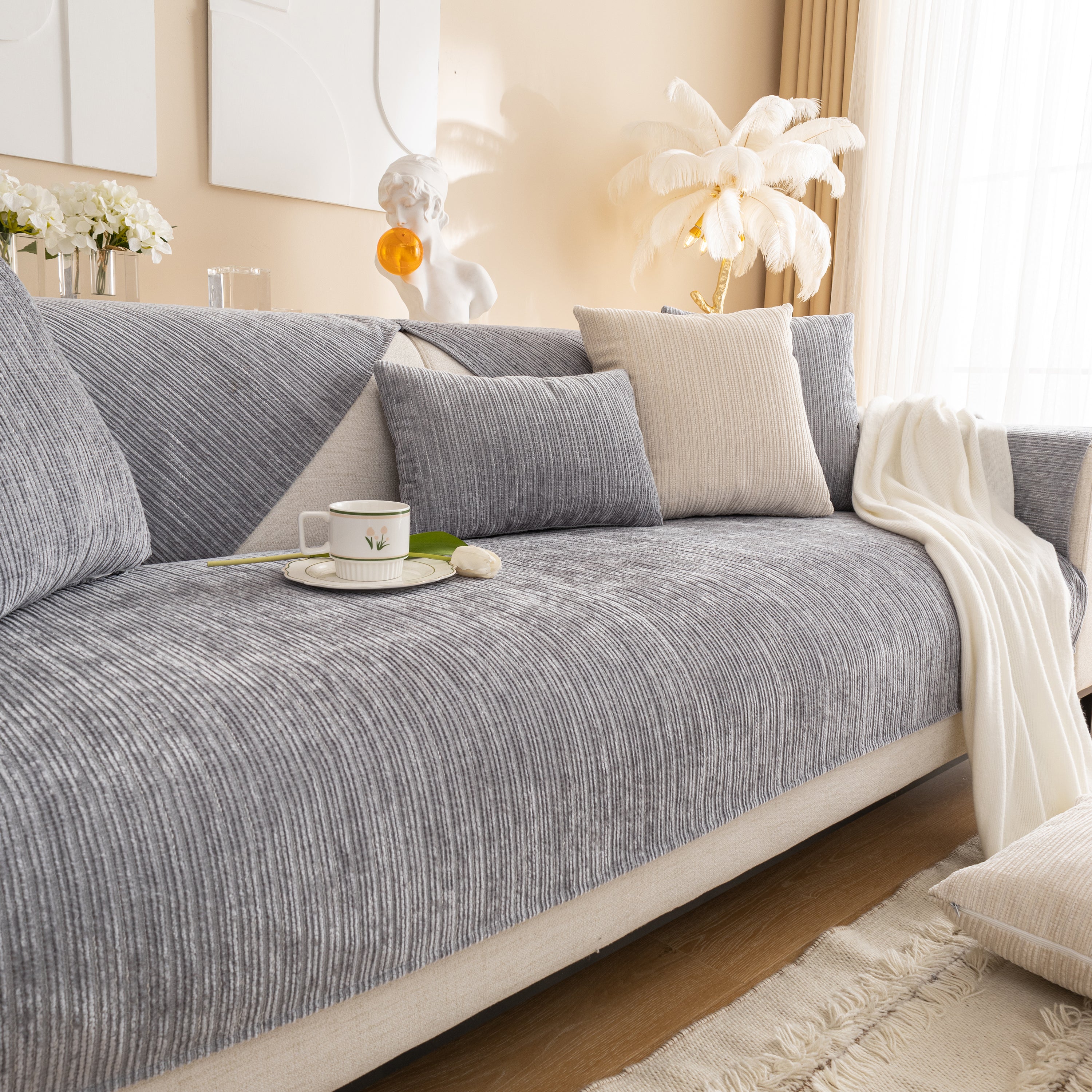 Plush Solid Color Striped L-Shaped Sofa Slipcovers, Washable Non-Slip Textured Furniture Covers