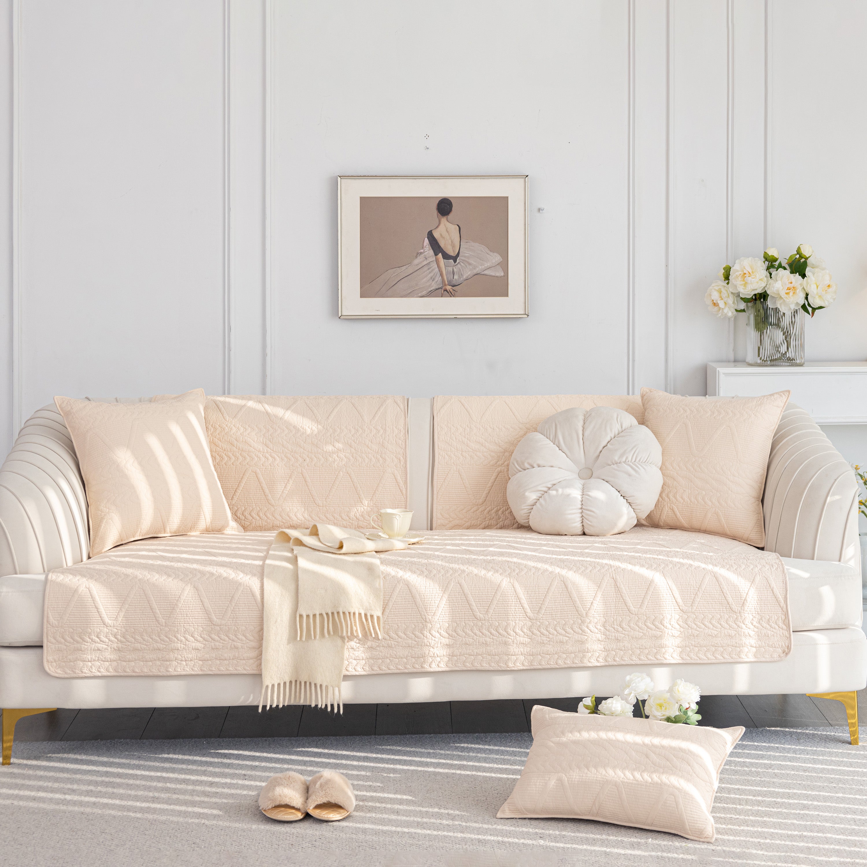 Geometric Textured Cotton Quilted Sofa Cover, Non-Slip Washable Couch Protector