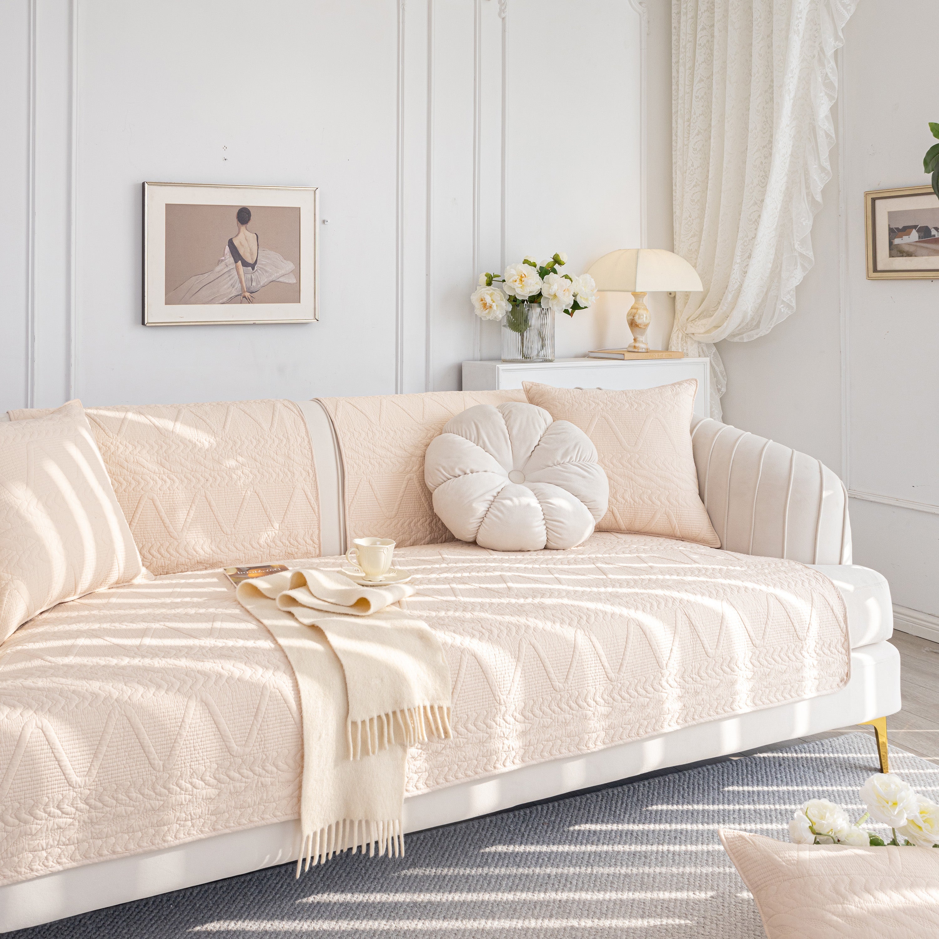 Geometric Textured Cotton Quilted Sofa Cover, Non-Slip Washable Couch Protector