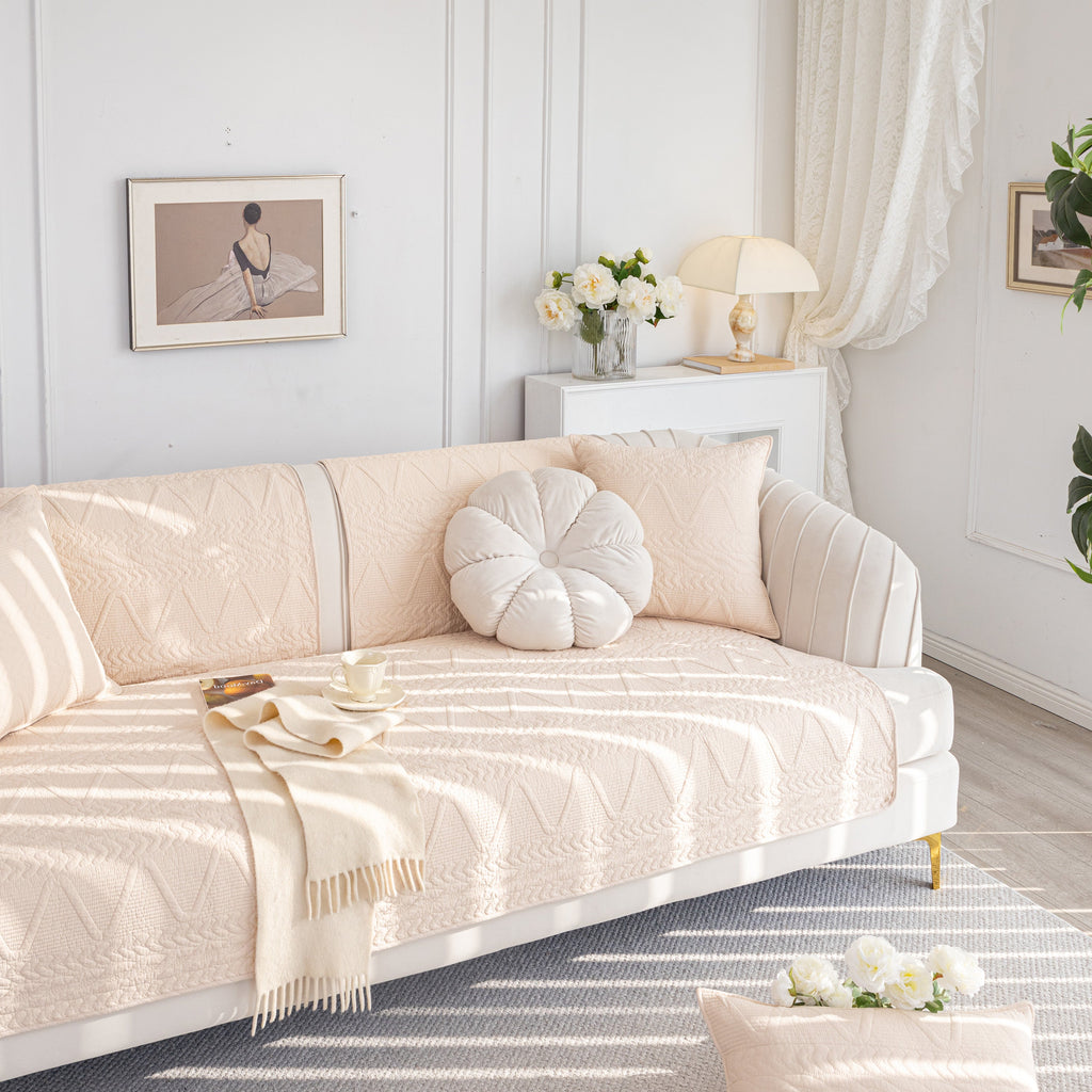 Geometric Textured Cotton Quilted Sofa Cover, Non-Slip Washable Couch Protector