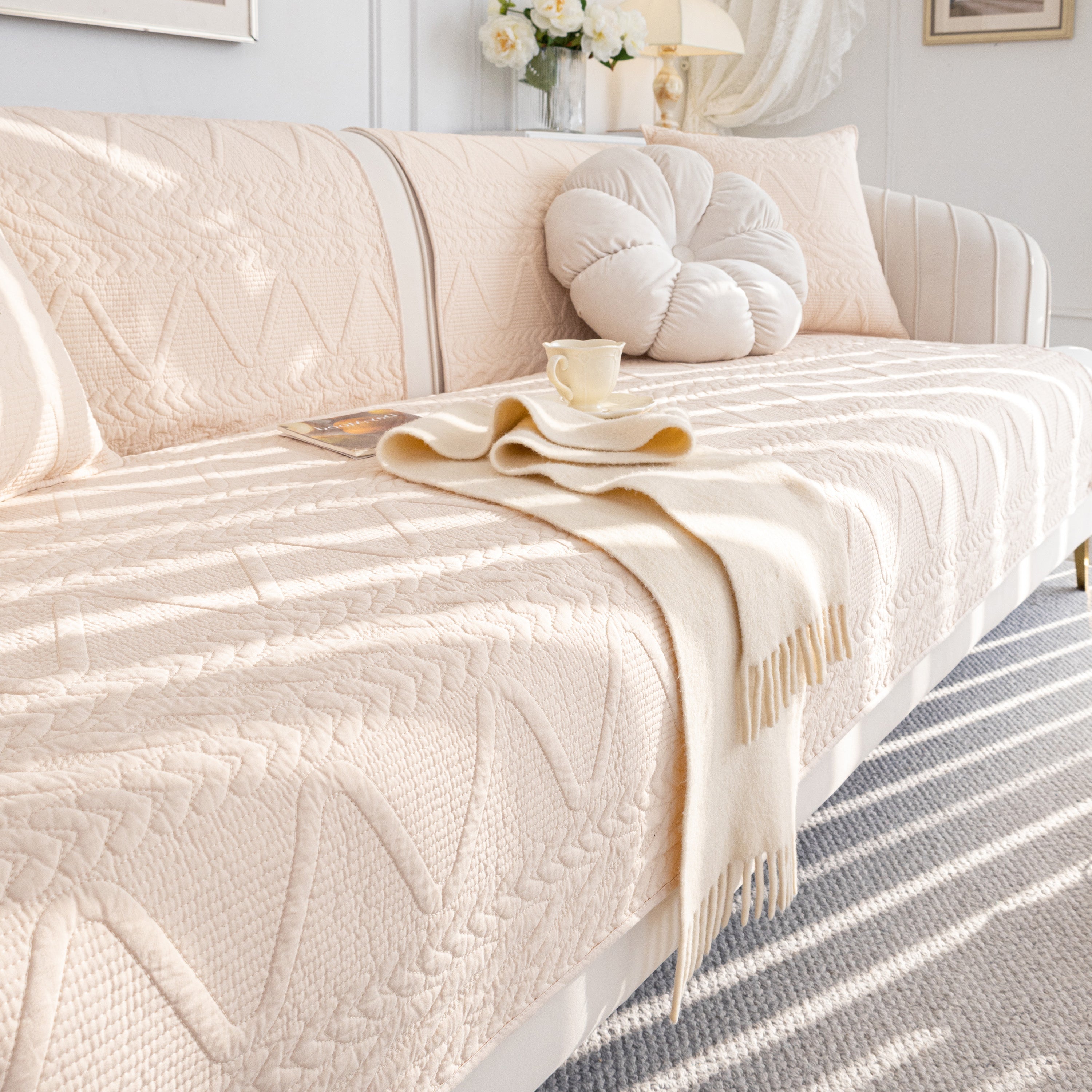 Geometric Textured Cotton Quilted Sofa Cover, Non-Slip Washable Couch Protector