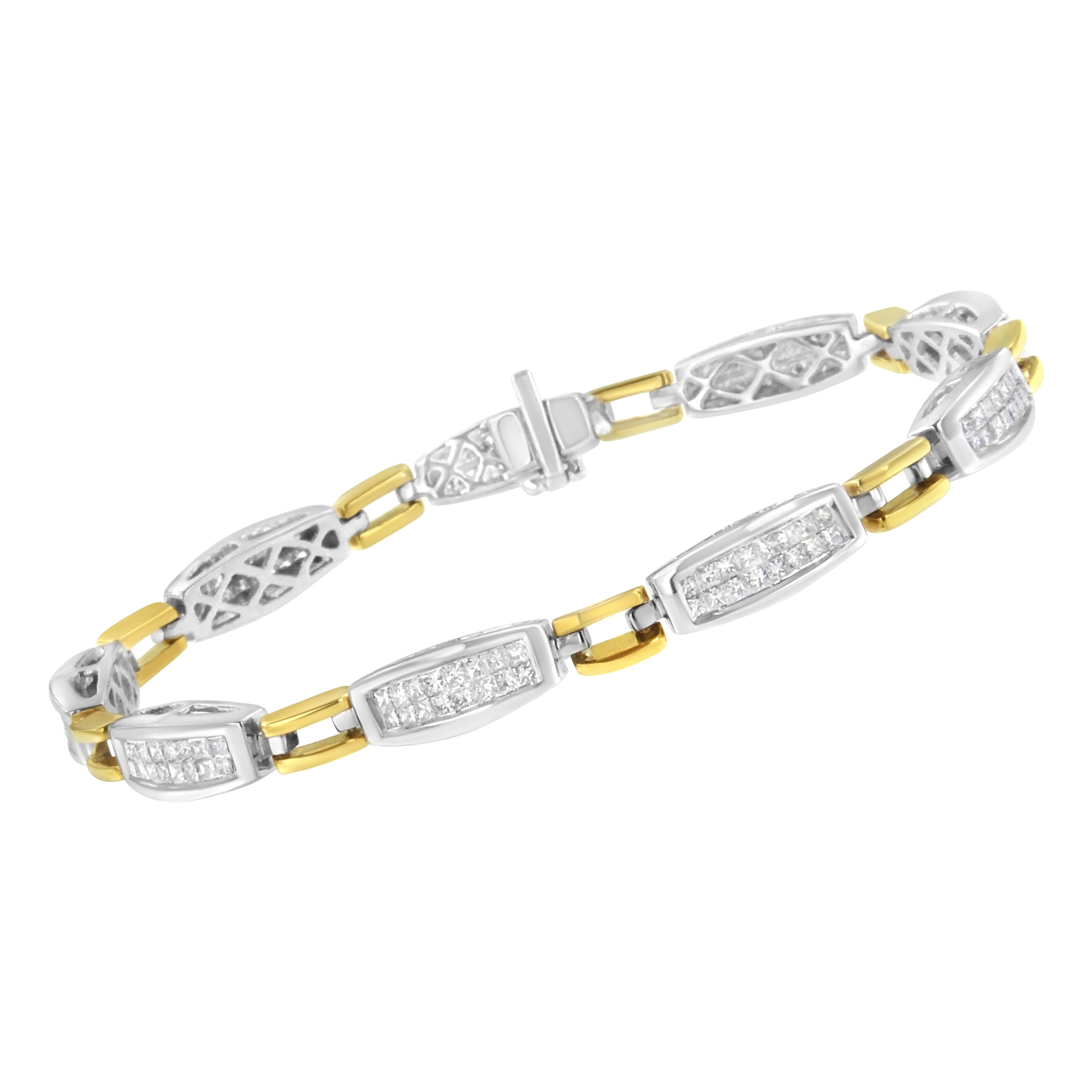 14K Yellow and White Gold 2.0 Cttw Princess Cut Diamond Tapered and Equal Sign Link Bracelet (G-H Color, SI1-SI2 Clarity) - 7"