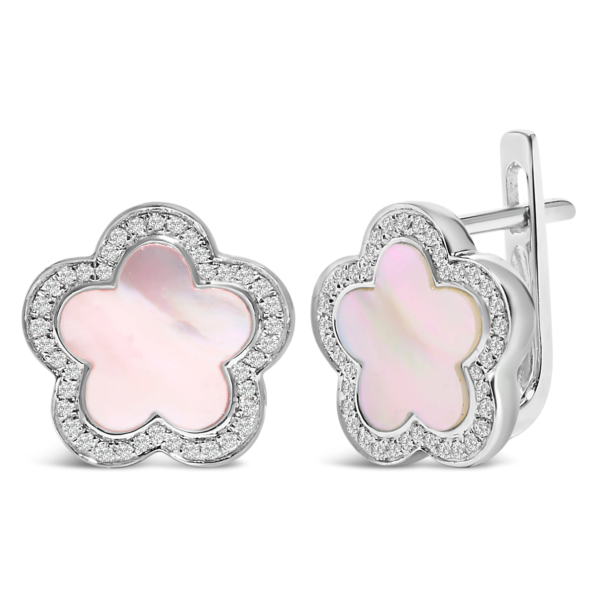 14K White Gold Mother of Pearl and 1/5 Cttw Diamond Halo Star Stud Earrings
