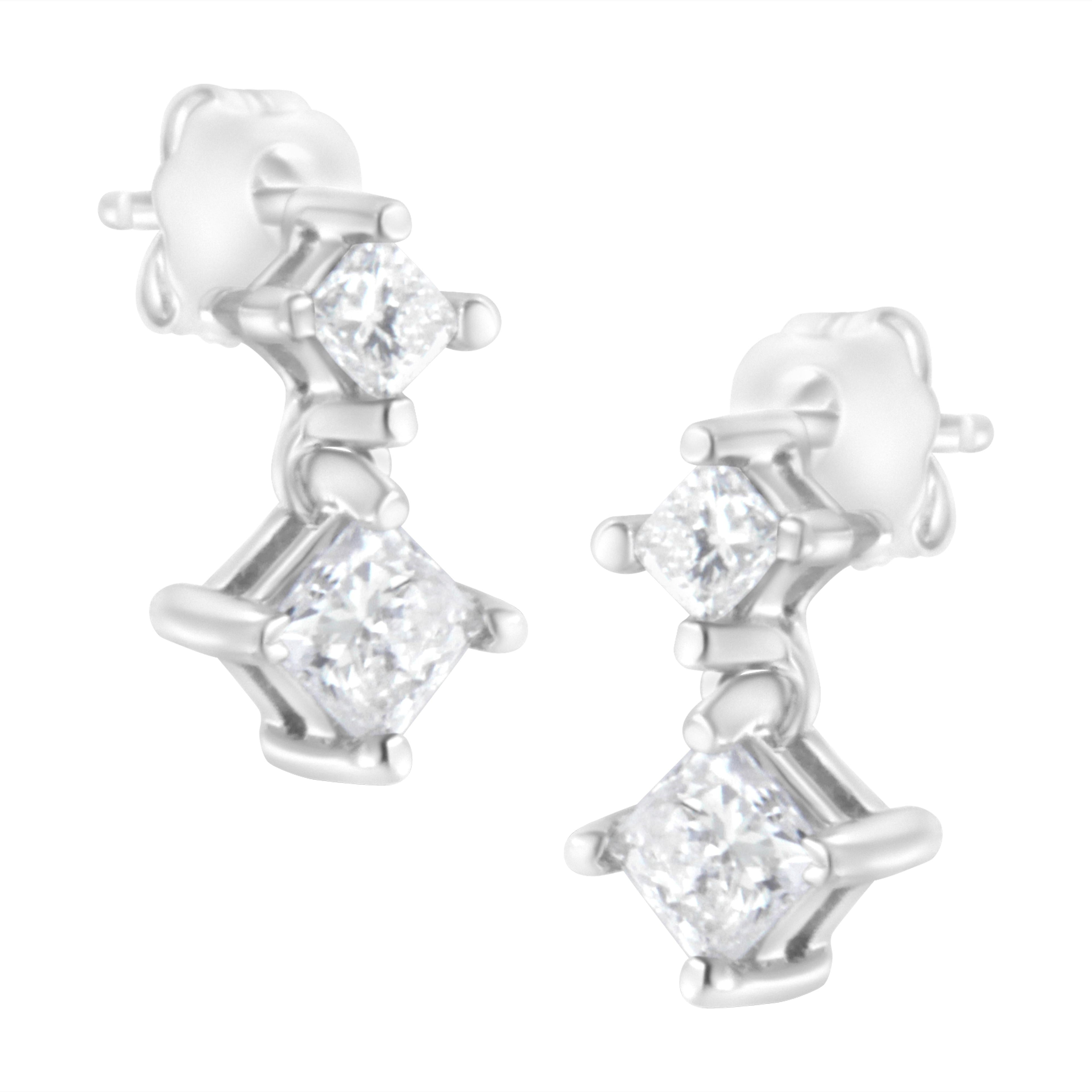 14K White Gold 3/4 cttw Double Diamond Princess-Cut Stud Earrings (I-J Clarity, I2-I3 Color)