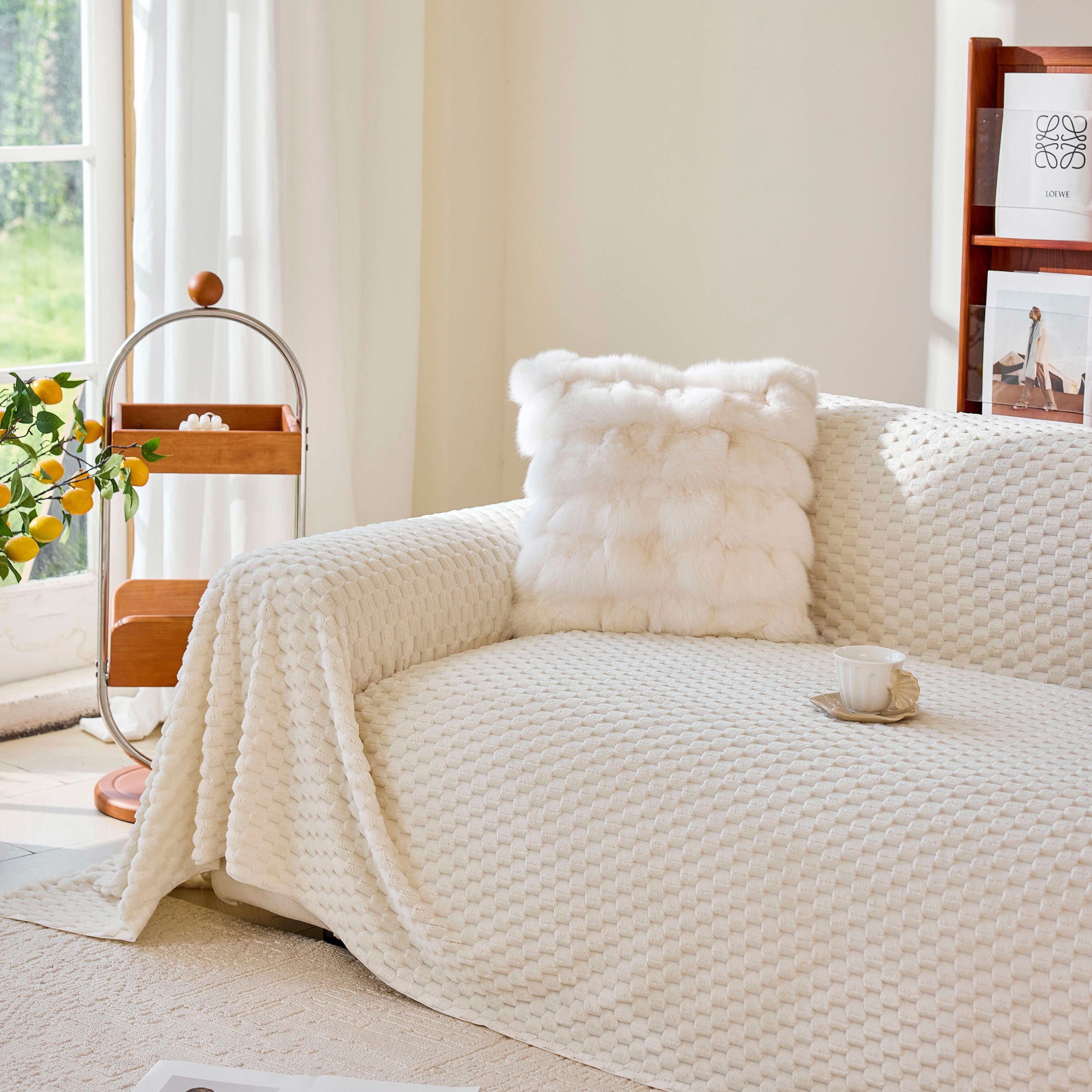 Thick Plush Non-Slip Sofa Throw Cover, Warm Soft Faux Fur Couch Protector for Winter