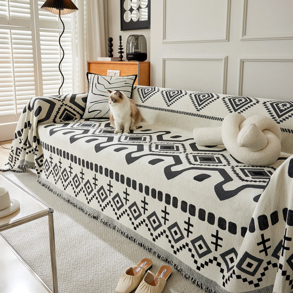 Boho Geometric Chenille Throw Sofa Cover Soft Textured Decorative Couch Blanket