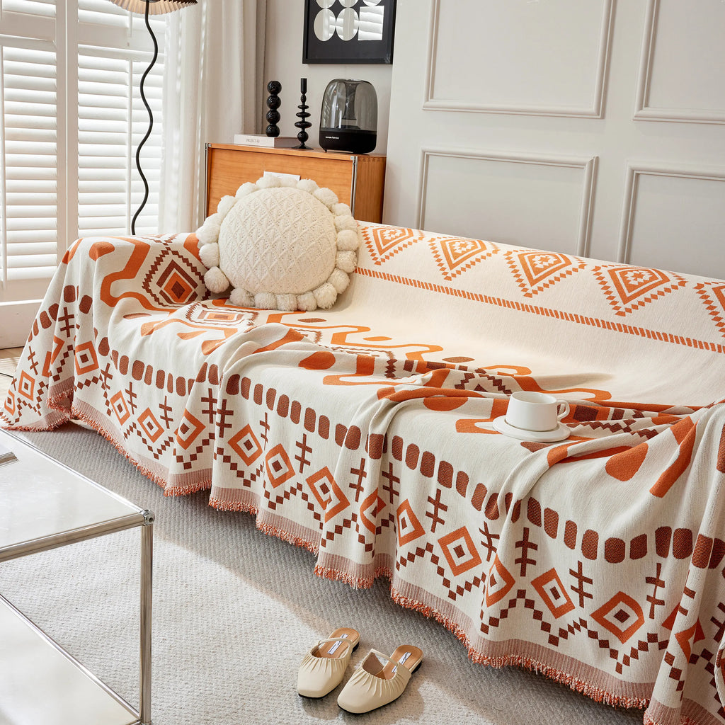 Boho Geometric Chenille Throw Sofa Cover Soft Textured Decorative Couch Blanket
