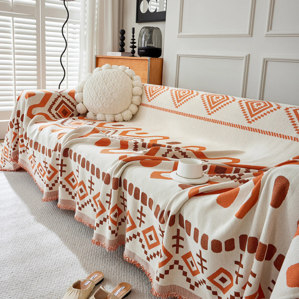 Boho Geometric Chenille Throw Sofa Cover Soft Textured Decorative Couch Blanket