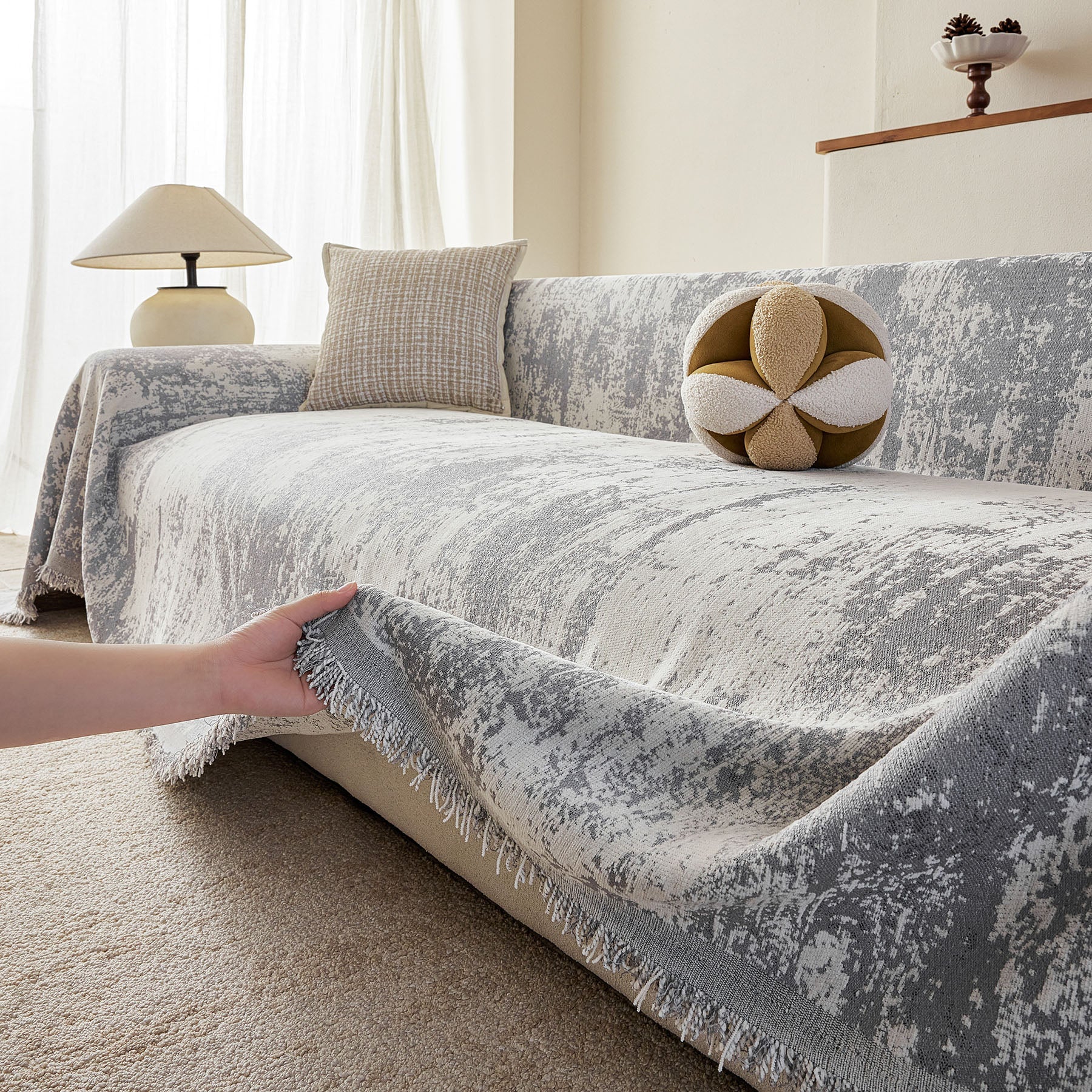 Soft Chenille Sofa Cover, Textured Abstract Couch Protector Cover with Vintage Pattern