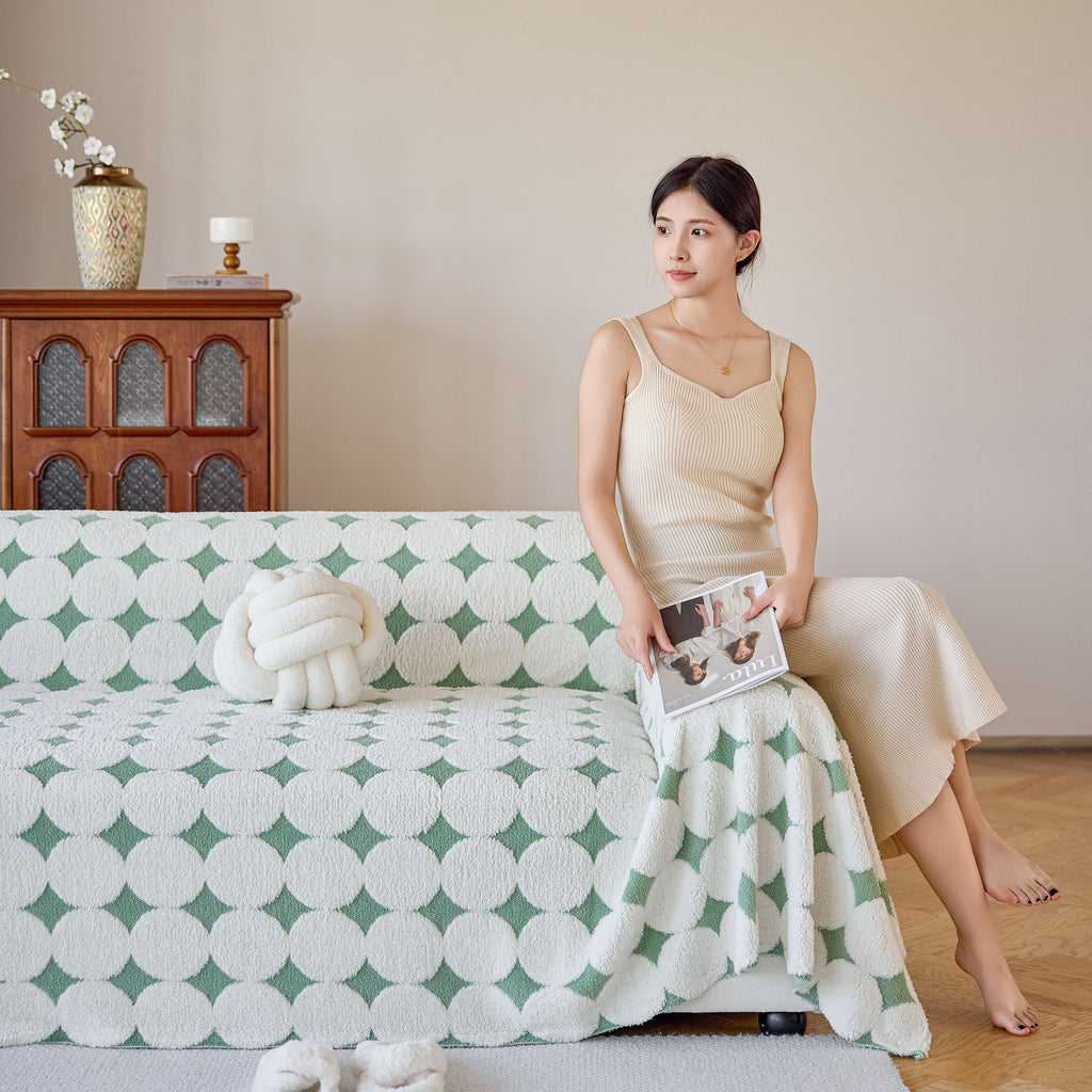 Geometric Jacquard Plush Warm Sofa Couch Cover Coral Fleece Throw Blanket for Couch