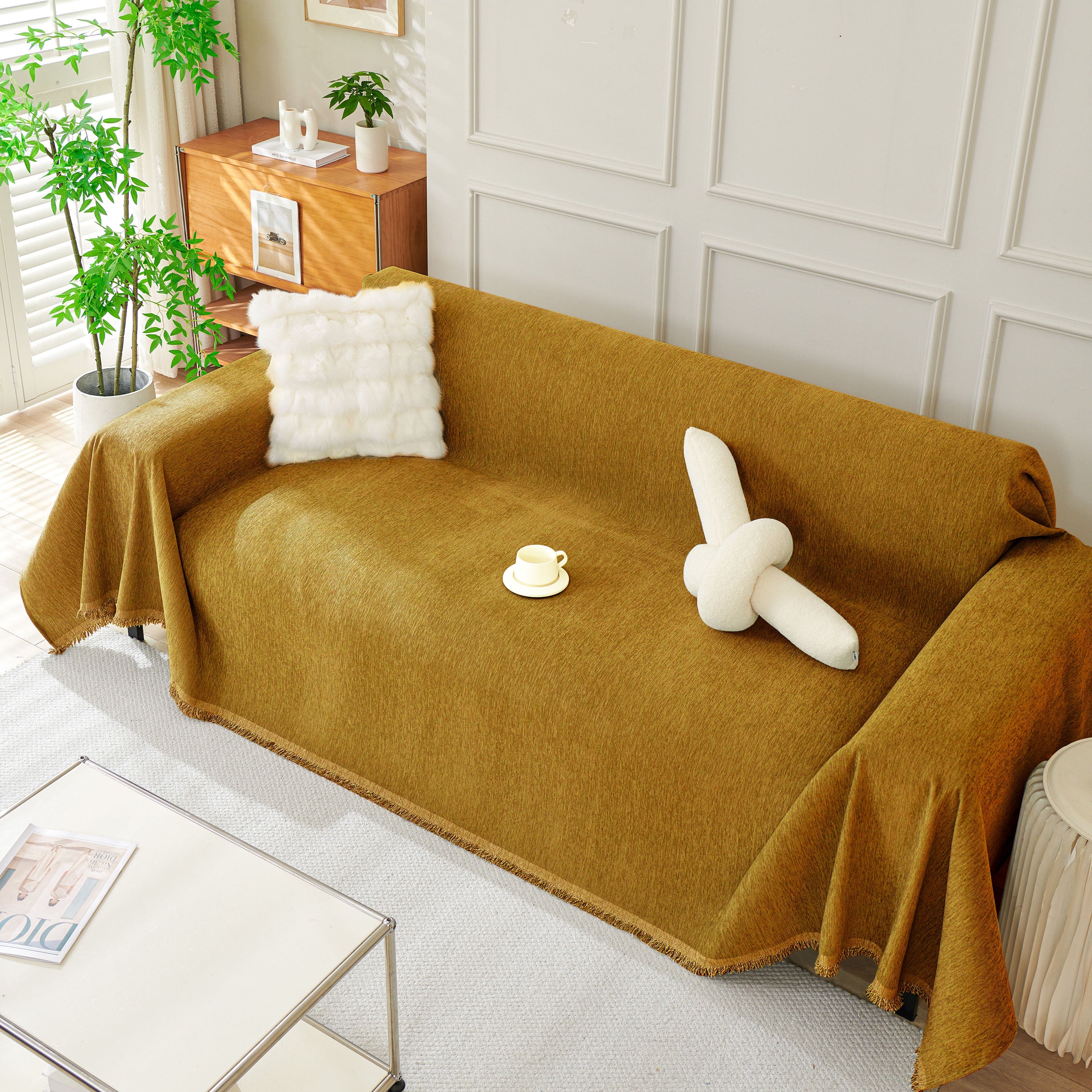 Solid Color Chenille Sofa Throw Blanket, Modern Decor Soft Couch Cover with Fringes