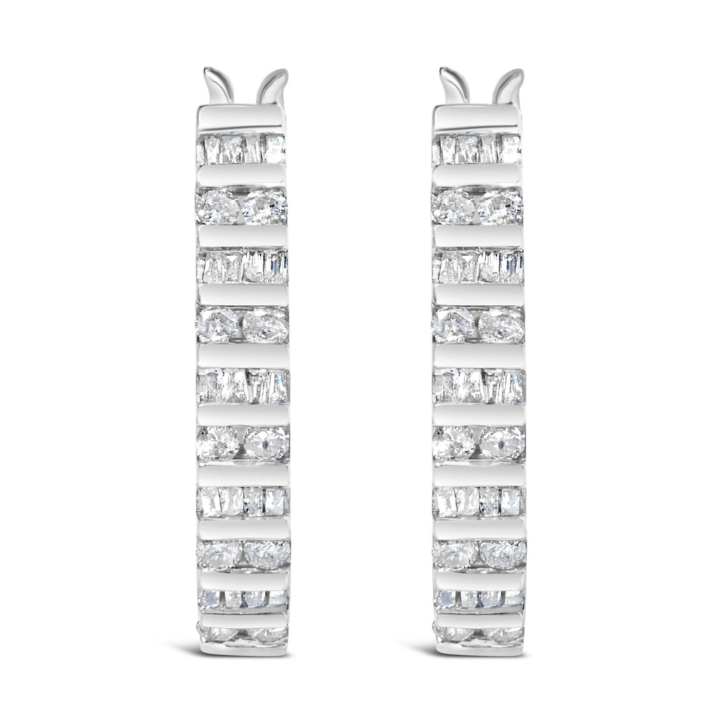 10K White Gold 1.0 Cttw Alternating  Diamond "U" Hoop Earrings (I-J Color, I2-I3 Clarity)