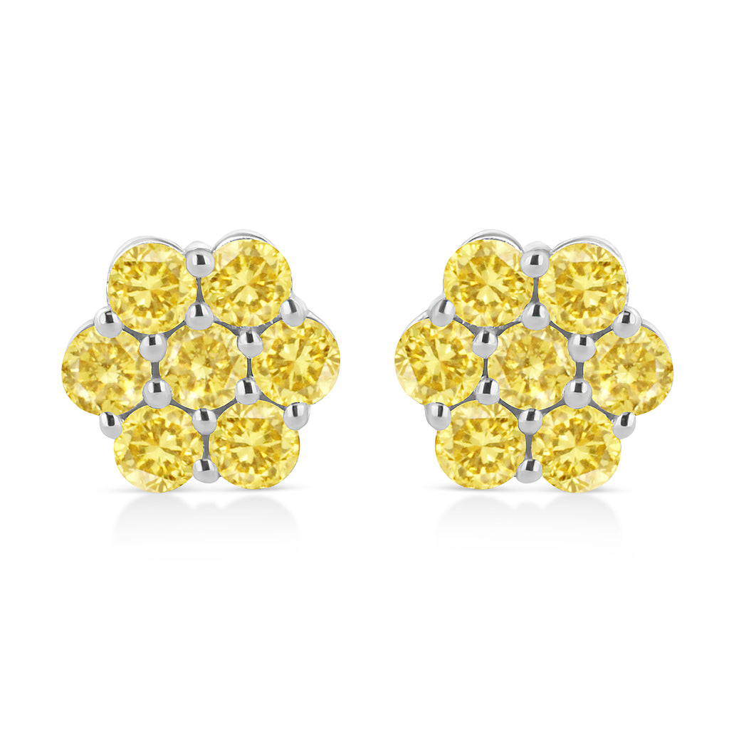 .925 Sterling Silver 1/4 Cttw Treated Yellow Diamond Floral Stud Earrings (Yellow Color, I1-I2 Clarity)