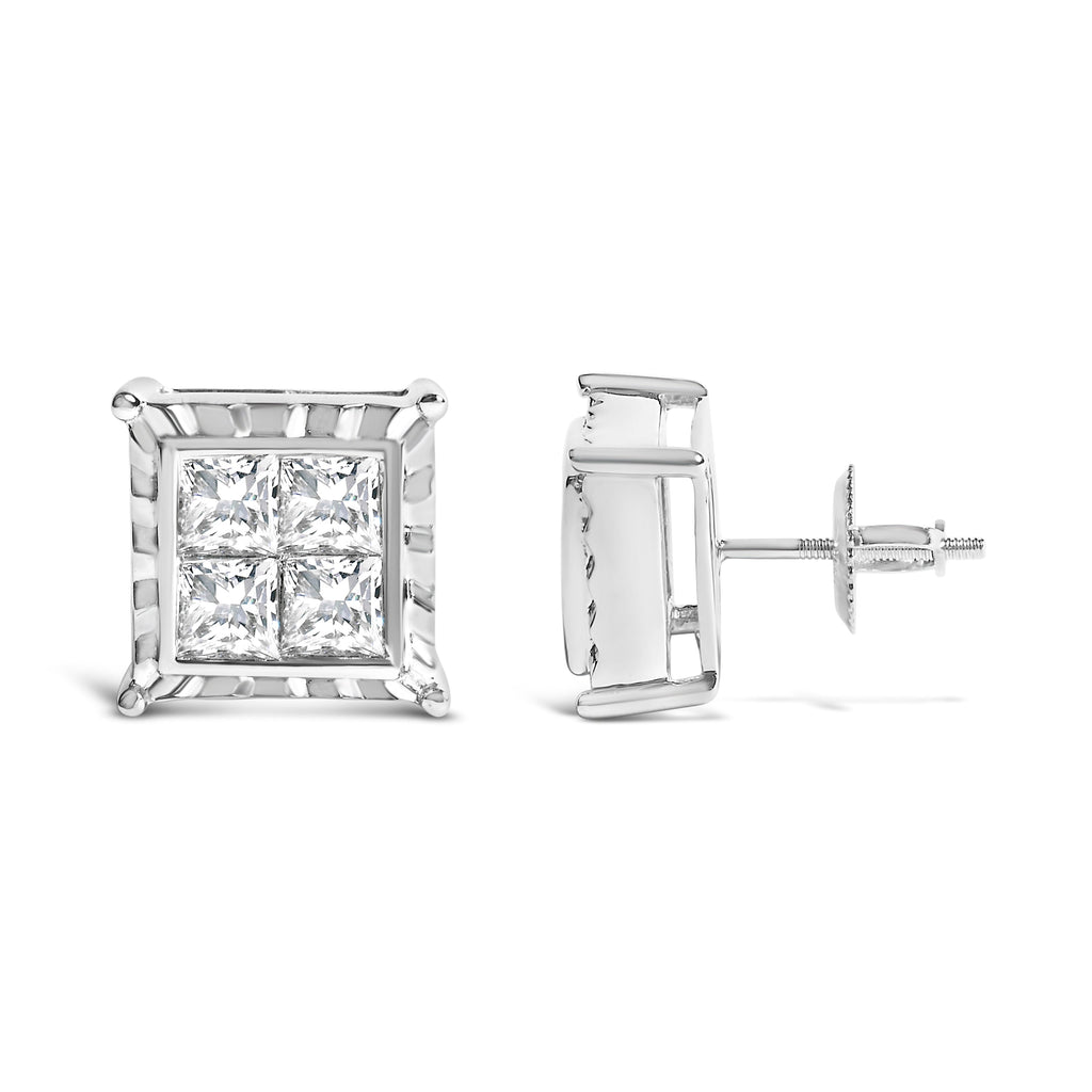 14K White Gold 2.00 Cttw Invisible Set Princess-Cut Lab Grown Diamond Wavy Quad Stud Earrings