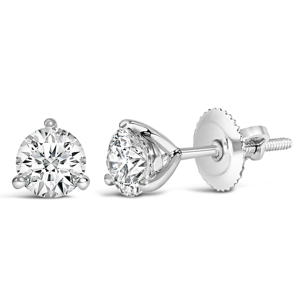 14K White Gold 2 Cttw Round Lab-Grown Diamond 3-Prong Martini Solitaire Screwback Stud Earrings