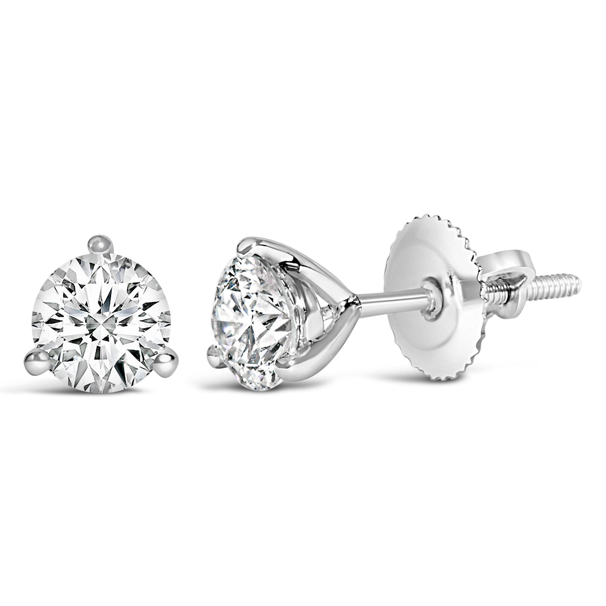 14K White Gold 2 Cttw Round Lab-Grown Diamond 3-Prong Martini Solitaire Screwback Stud Earrings