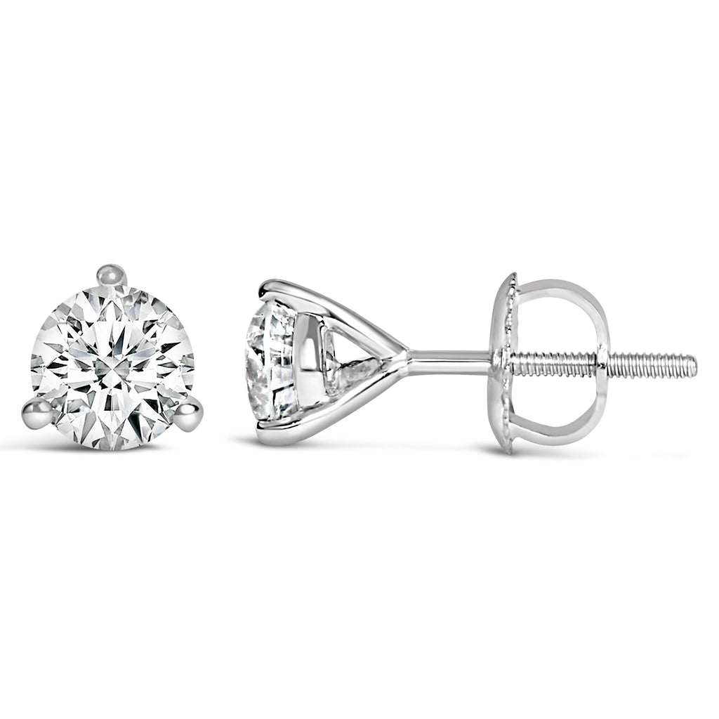 14K White Gold 2 Cttw Round Lab-Grown Diamond 3-Prong Martini Solitaire Screwback Stud Earrings