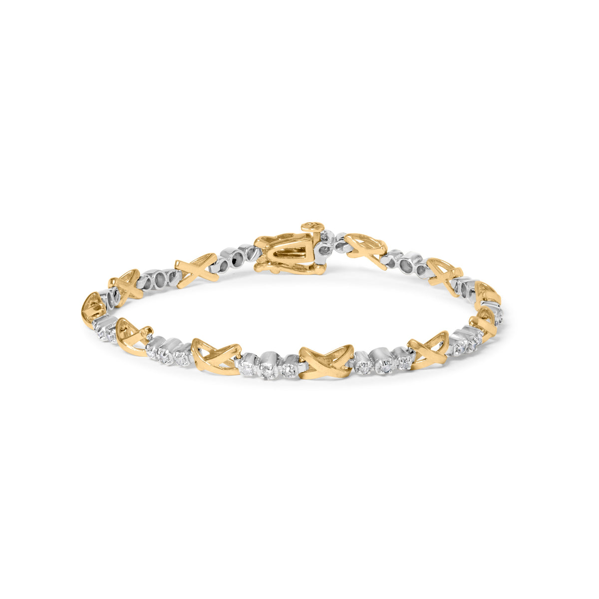 10K Two-Tone Gold 1/2 Cttw Diamond Alternating 3 Stone and X-Link 7" Bracelet (I-J Color, I2-I3 Clarity)