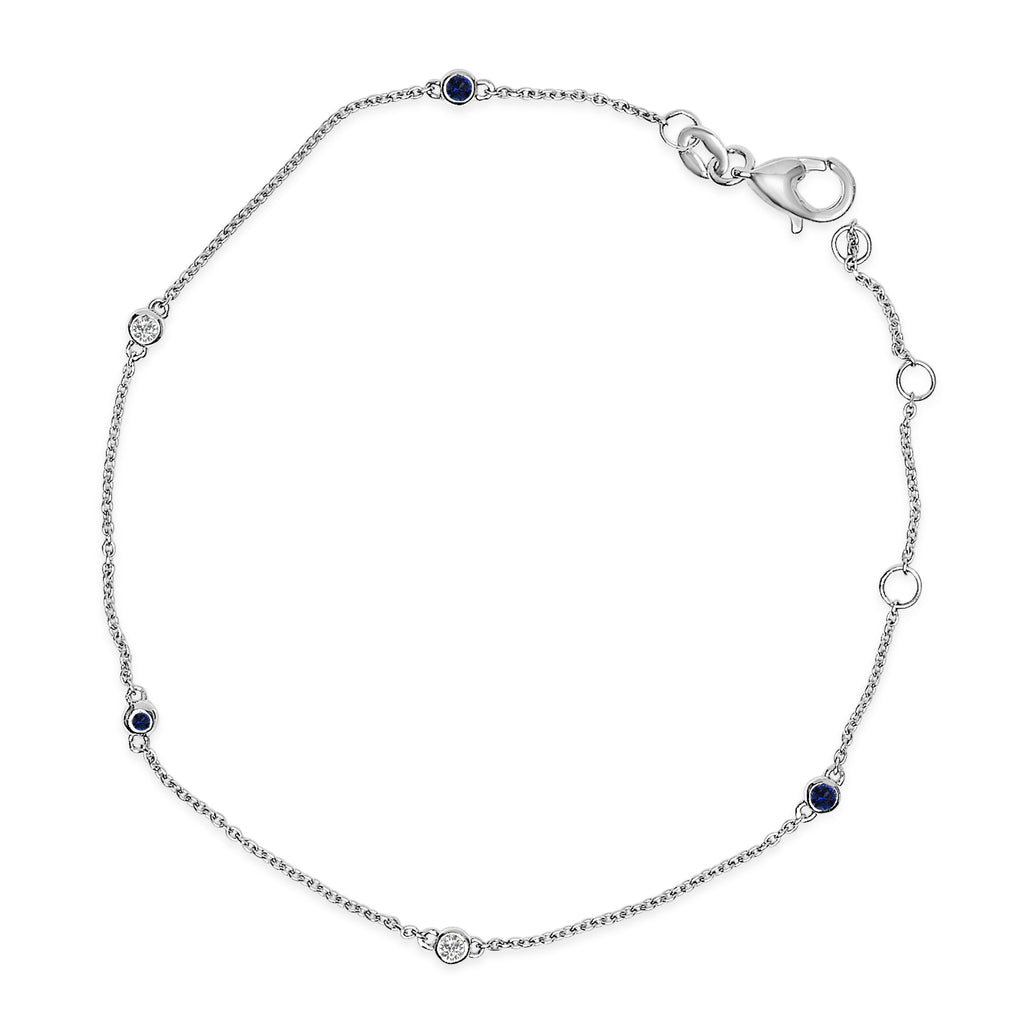 14K White Gold Alternating Blue Sapphire and Diamond Bezel Station Chain Bracelet - Size 7.5 inch