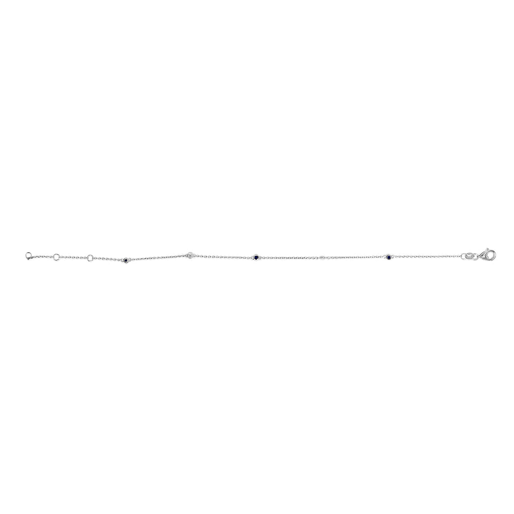 14K White Gold Alternating Blue Sapphire and Diamond Bezel Station Chain Bracelet - Size 7.5 inch