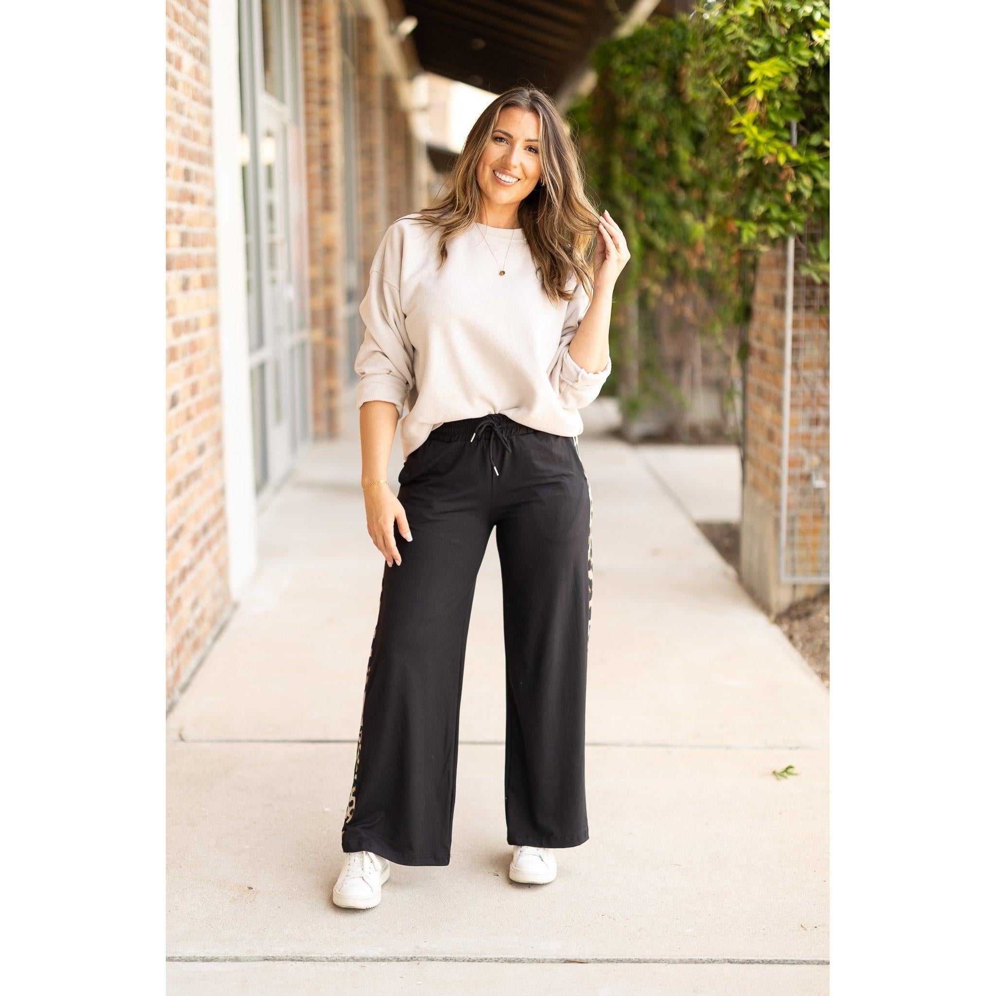 Ready to Ship | The Chelsea - Black Wide Leg with Leopard Panel Loungers