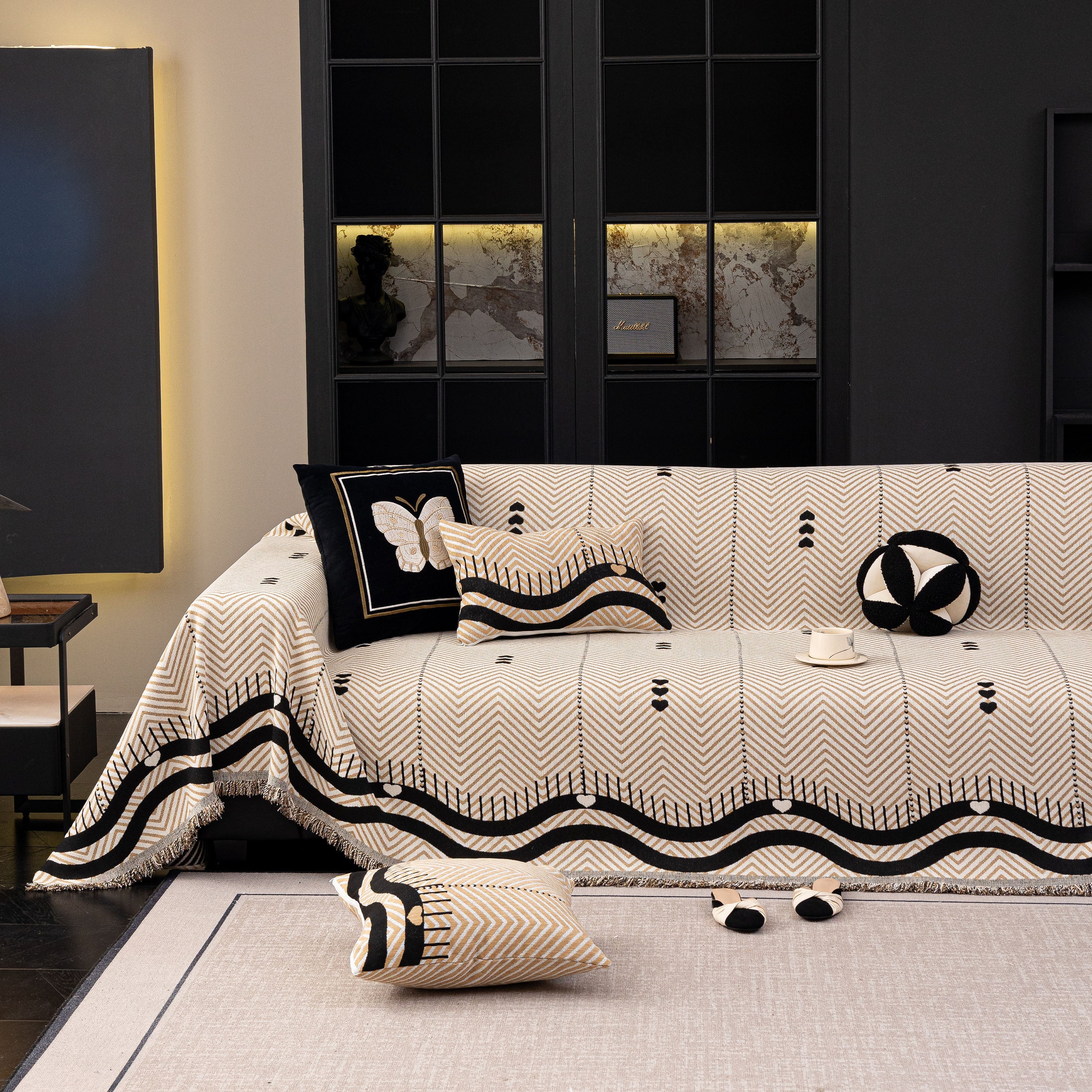 Chenille Sofa Throw Cover, Textured Chevron Decorative Couch Blanket for Living Room