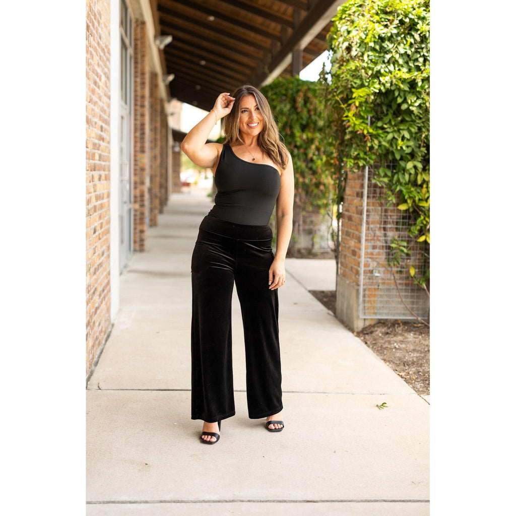 Ready to Ship | The Regina - Black Velvet Wide Leg Pants