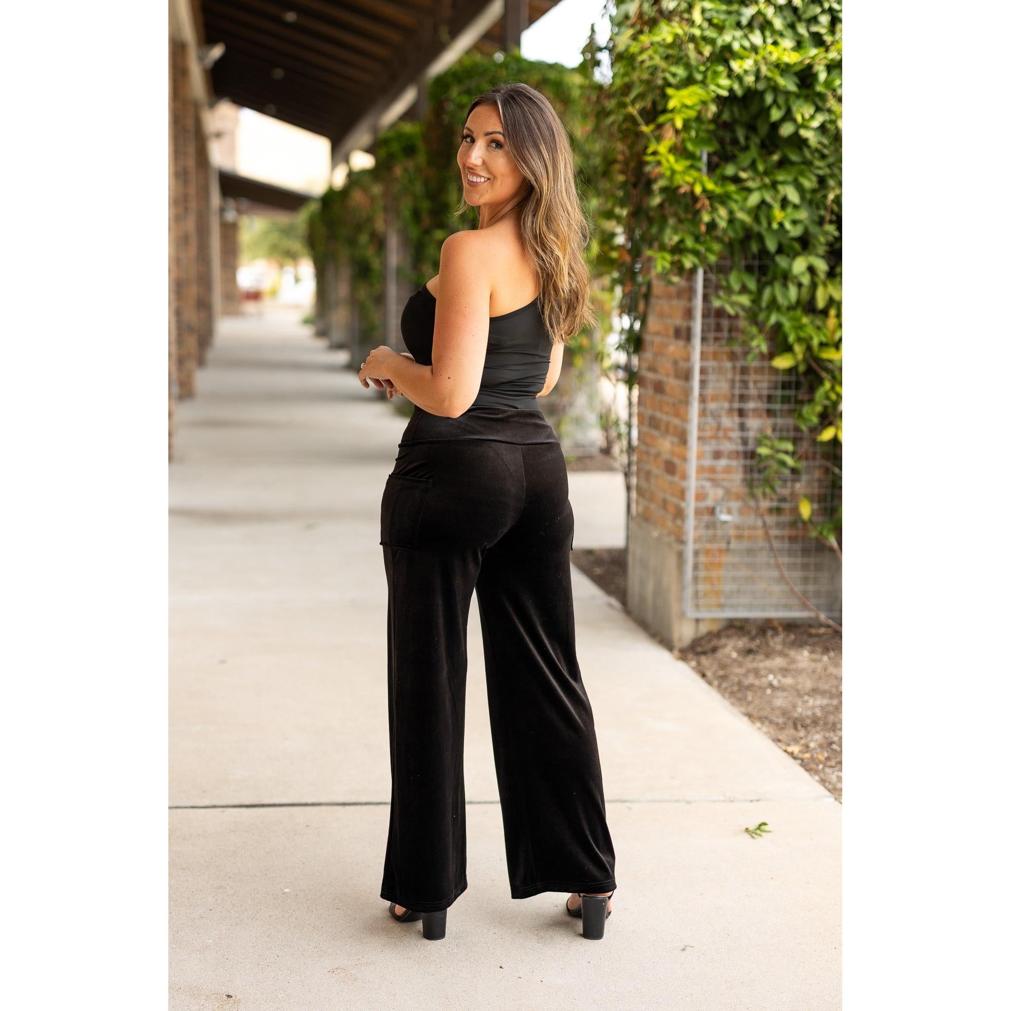 Ready to Ship | The Regina - Black Velvet Wide Leg Pants