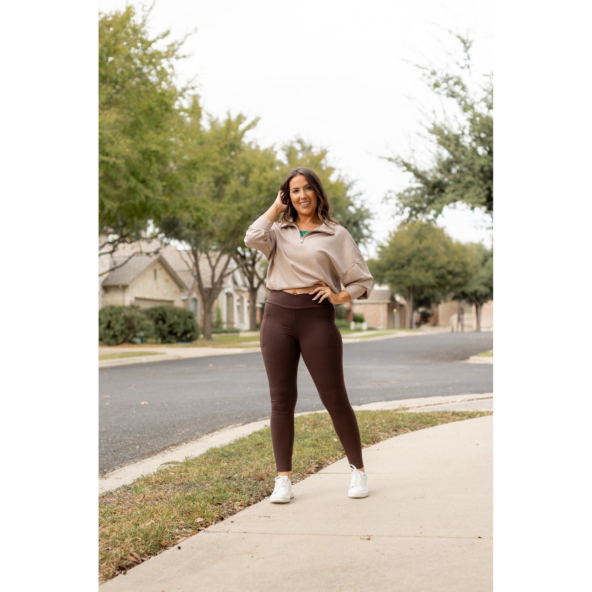 Ready to Ship | The Becca - BROWN Crossover Full Length Leggings with Pockets