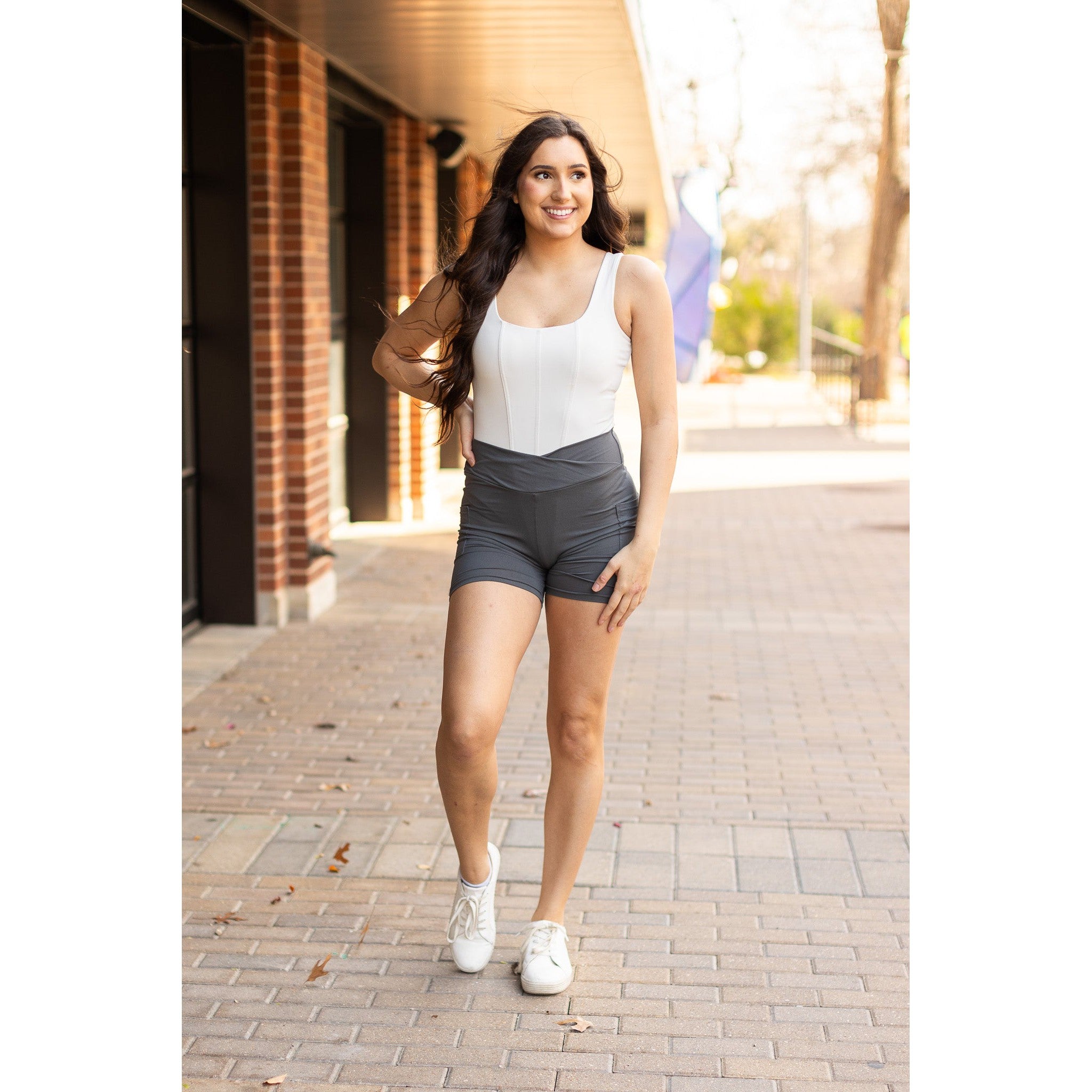 The Caleigh - Charcoal Crossover Biker 5" Shorts r2  - Luxe Leggings by Julia Rose® Round 2