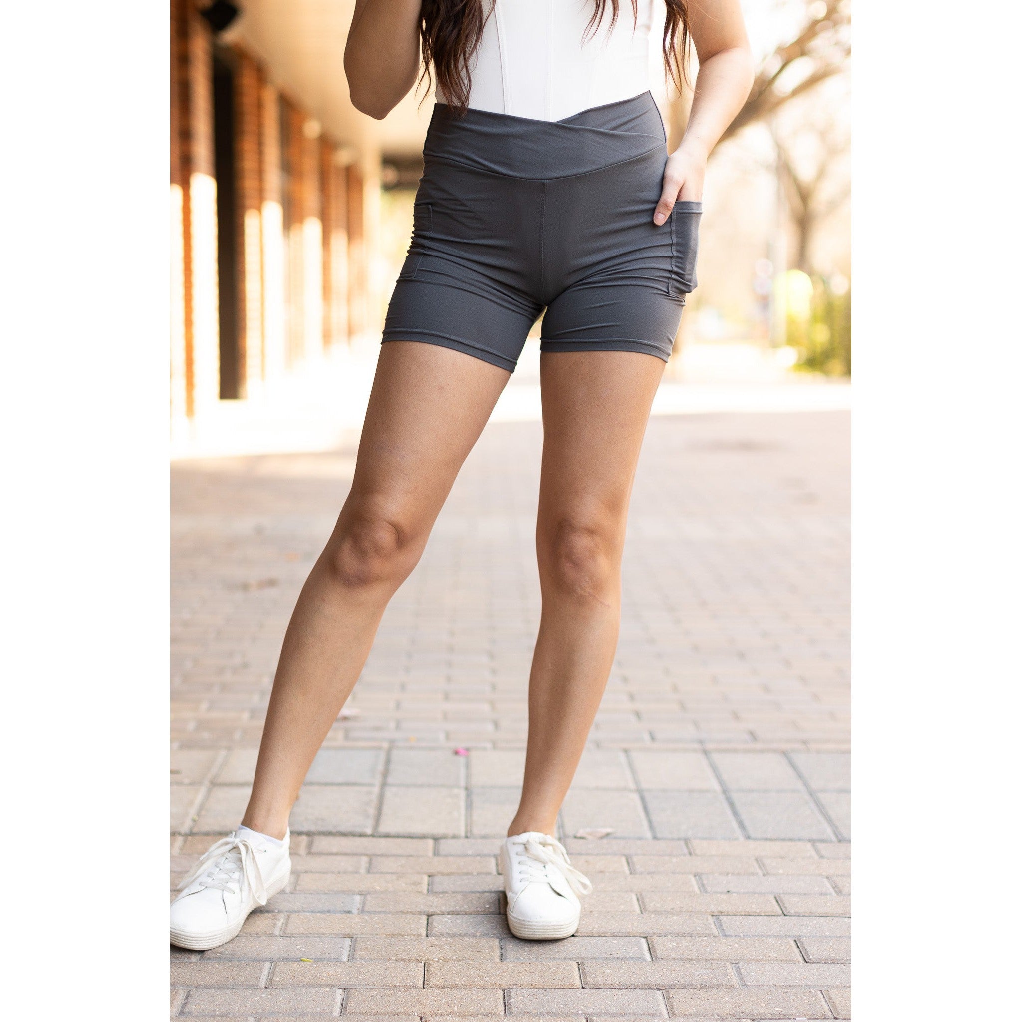 The Caleigh - Charcoal Crossover Biker 5" Shorts r2  - Luxe Leggings by Julia Rose® Round 2