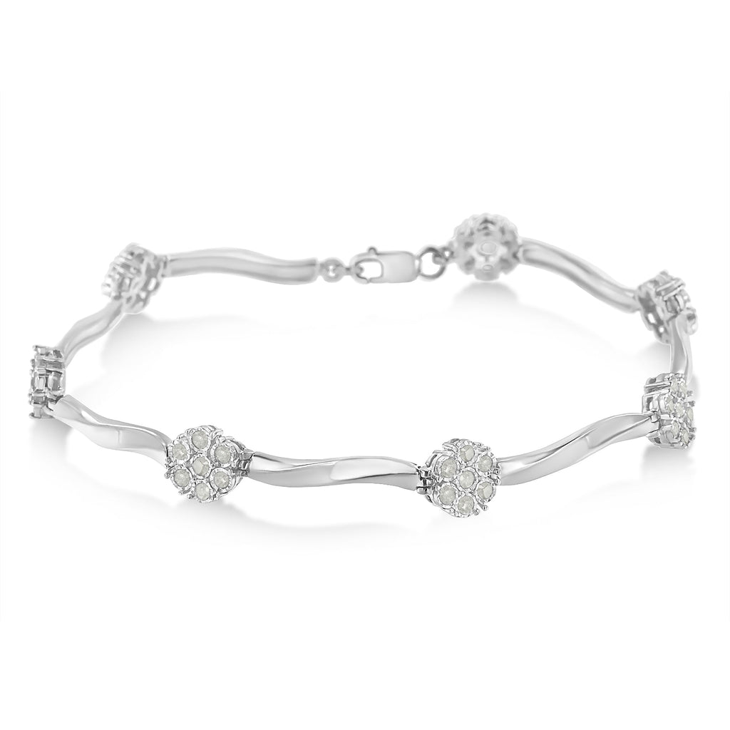 .925 Sterling Silver 1/4 Cttw Diamond Cluster Miracle-Set Station & Twisted Bar 7" Tennis Bracelet (H-I Color, I2-I3 Clarity)