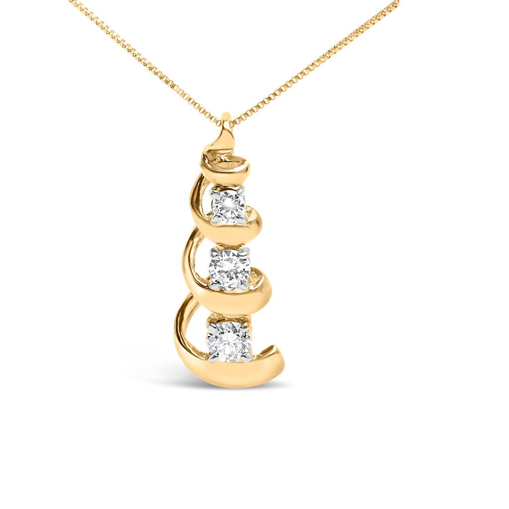 10k Yellow Gold 1/4 Cttw Diamond 3 Stone Swirl and Drop Pendant Necklace