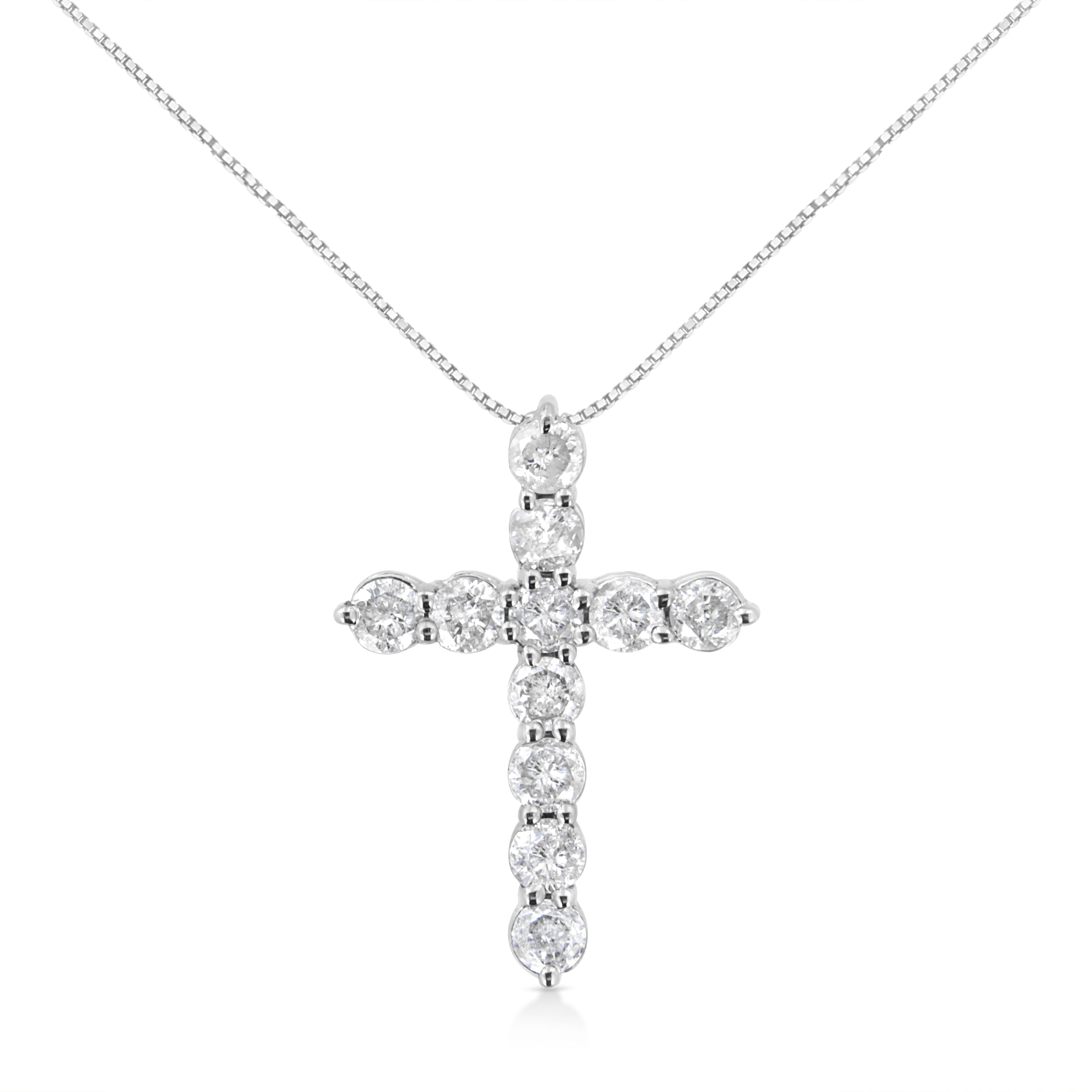 .925 Sterling Silver 1.0 Cttw Prong Set Round-Cut Diamond Cross 18" Pendant Necklace (I-J Color, I2-I3 Clarity)