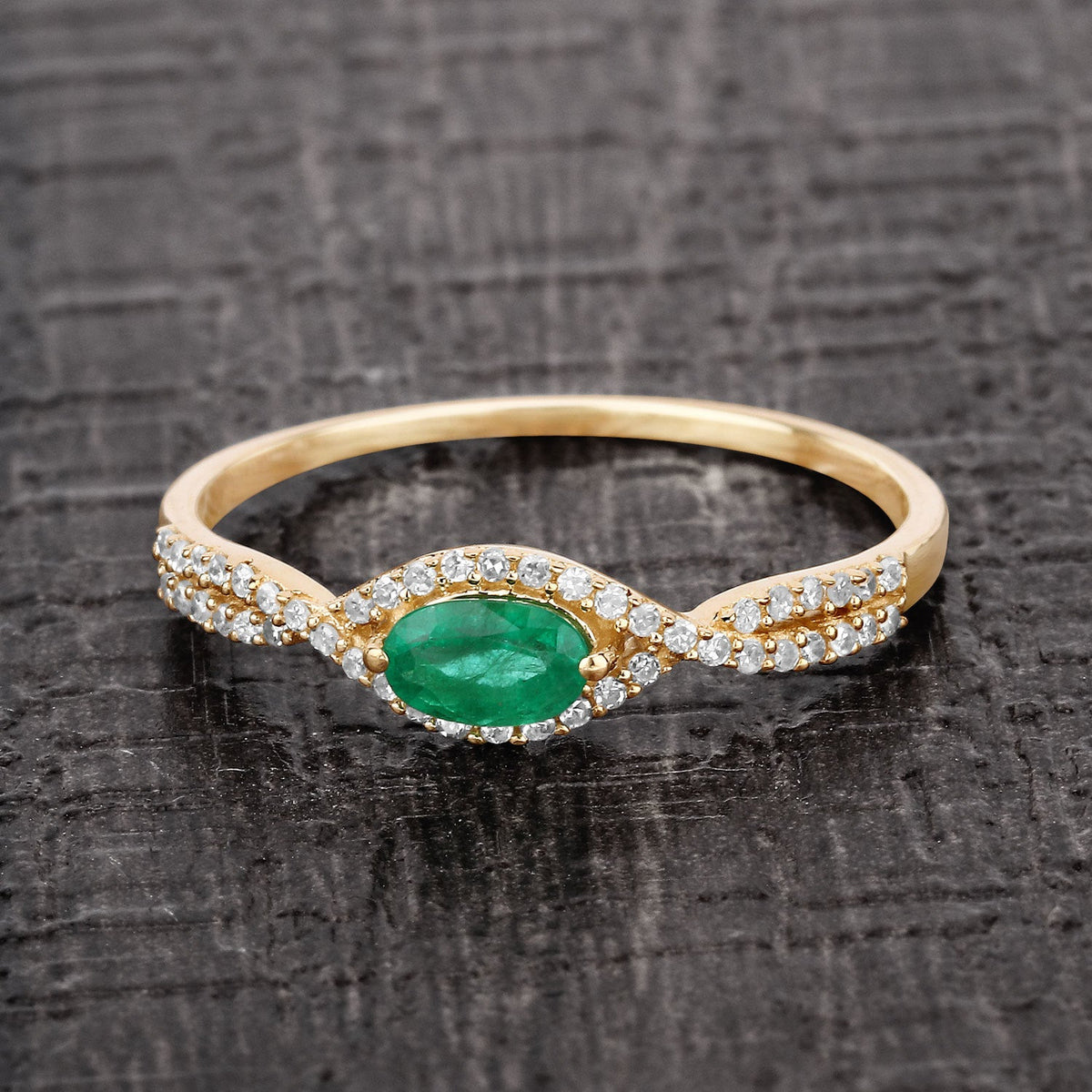 0.32 Carat Genuine Zambian Emerald and White Diamond 14K Yellow Gold Ring
