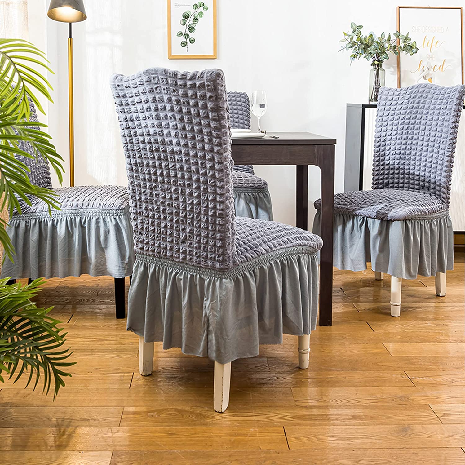 Premium Textured Seersucker High-Stretch Washable Dining Chair Slipcovers with Skirt