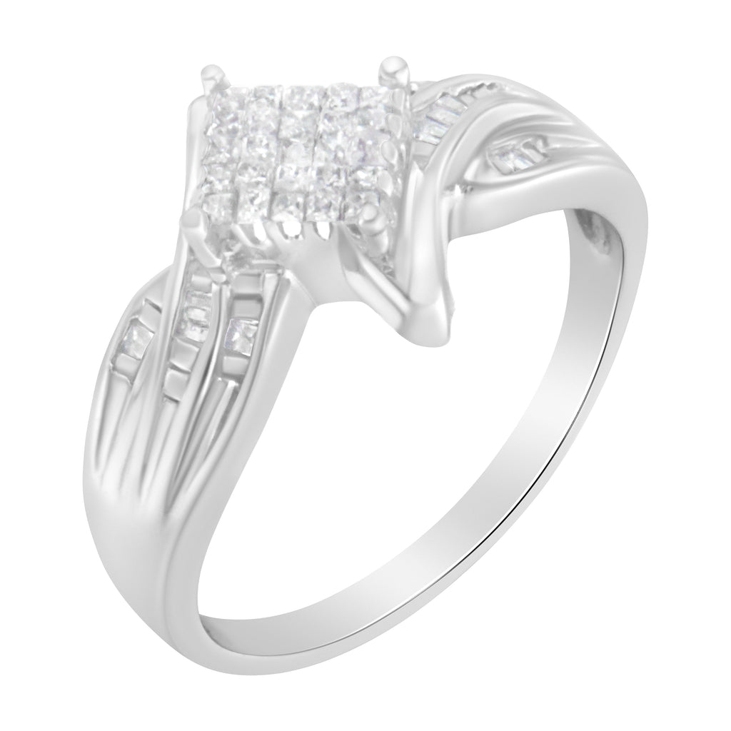 10K White Gold 1/3 Cttw Princess and Baguette Cut Diamond Bypass Style Cocktail Ring (I-J Color, I1-I2 Clarity) - Size 4