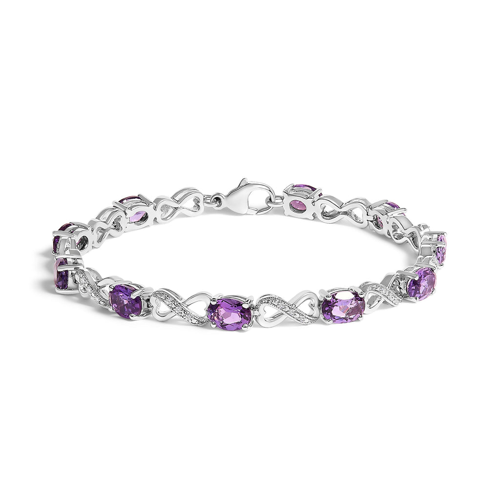 .925 Sterling Silver Oval Purple Amethyst and Diamond Infinity Link Bracelet (I-J Color, I1-I2 Clarity) - 7" Inches