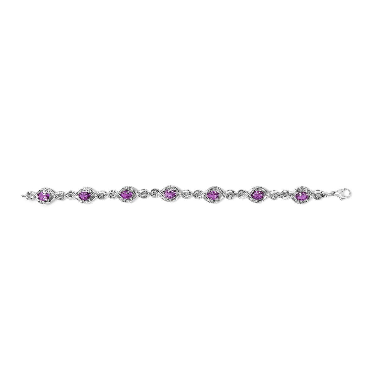 .925 Sterling Silver 1/10 Cttw Natural Round Diamond and 7X5MM Oval Amethyst Cross Tennis Bracelet (I-J Color, I1-I2 Clarity) - 7"